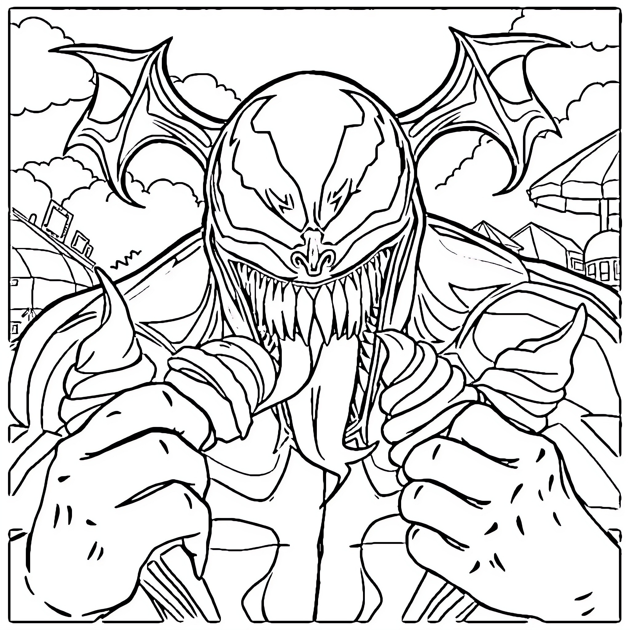 Venom Unleashed: Monstrous Villain Dominates the Cityscape Coloring Page (free black-and-white line drawing printable PDF for all, from beginners to advanced learners, including children, teens, adults, and seniors)