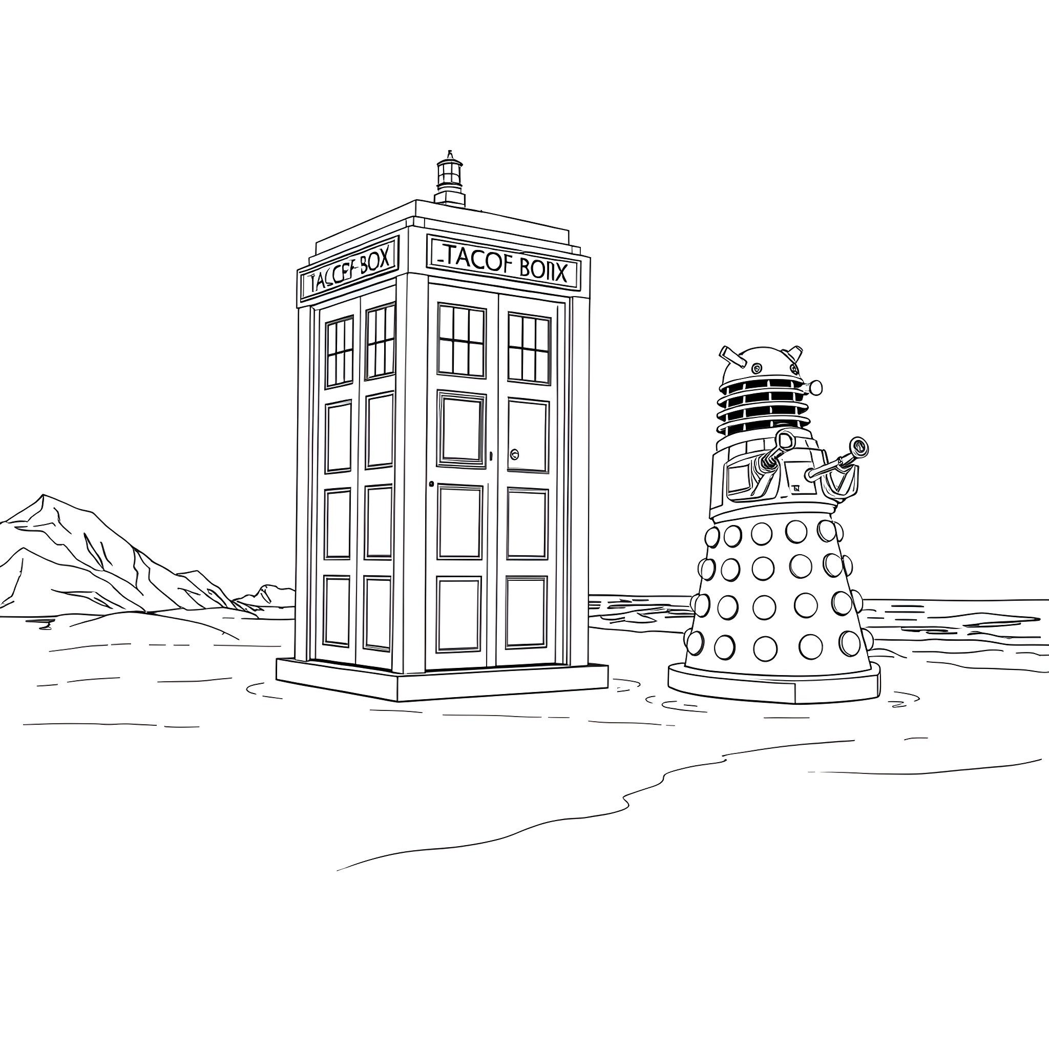 TARDIS and Dalek in Alien Landscape Coloring Page (free black-and-white line drawing printable PDF for all, from beginners to advanced learners, including children, teens, adults, and seniors)