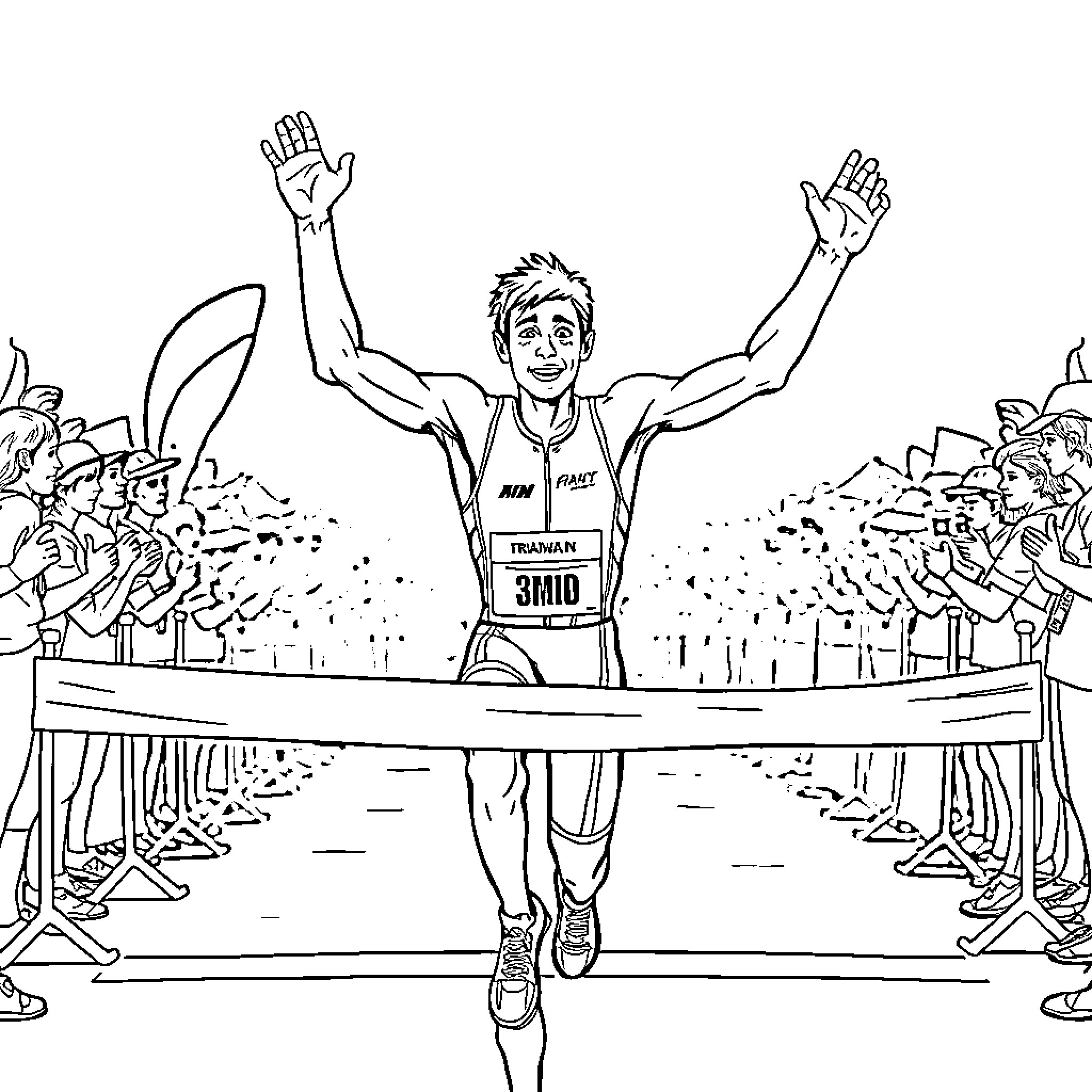Triathlete celebrating victory at finish line Coloring Page (free black-and-white line drawing printable PDF for all, from beginners to advanced learners, including children, teens, adults, and seniors)