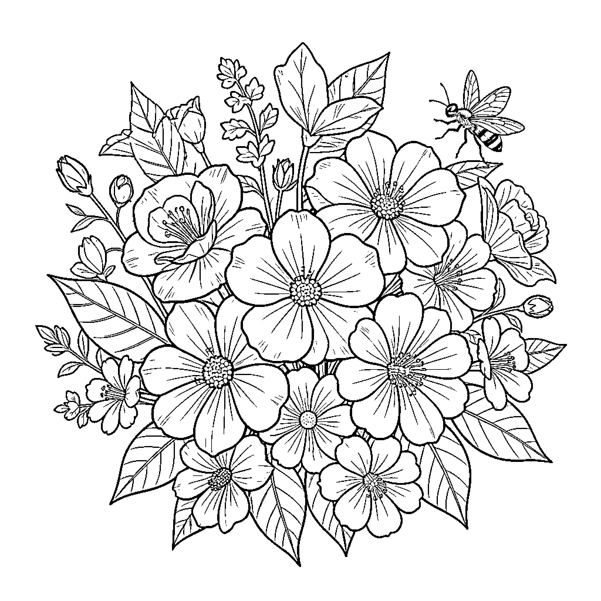 Flower Bouquet with Intricate Floral Details Coloring Page (free black-and-white line drawing printable PDF for all, from beginners to advanced learners, including children, teens, adults, and seniors)
