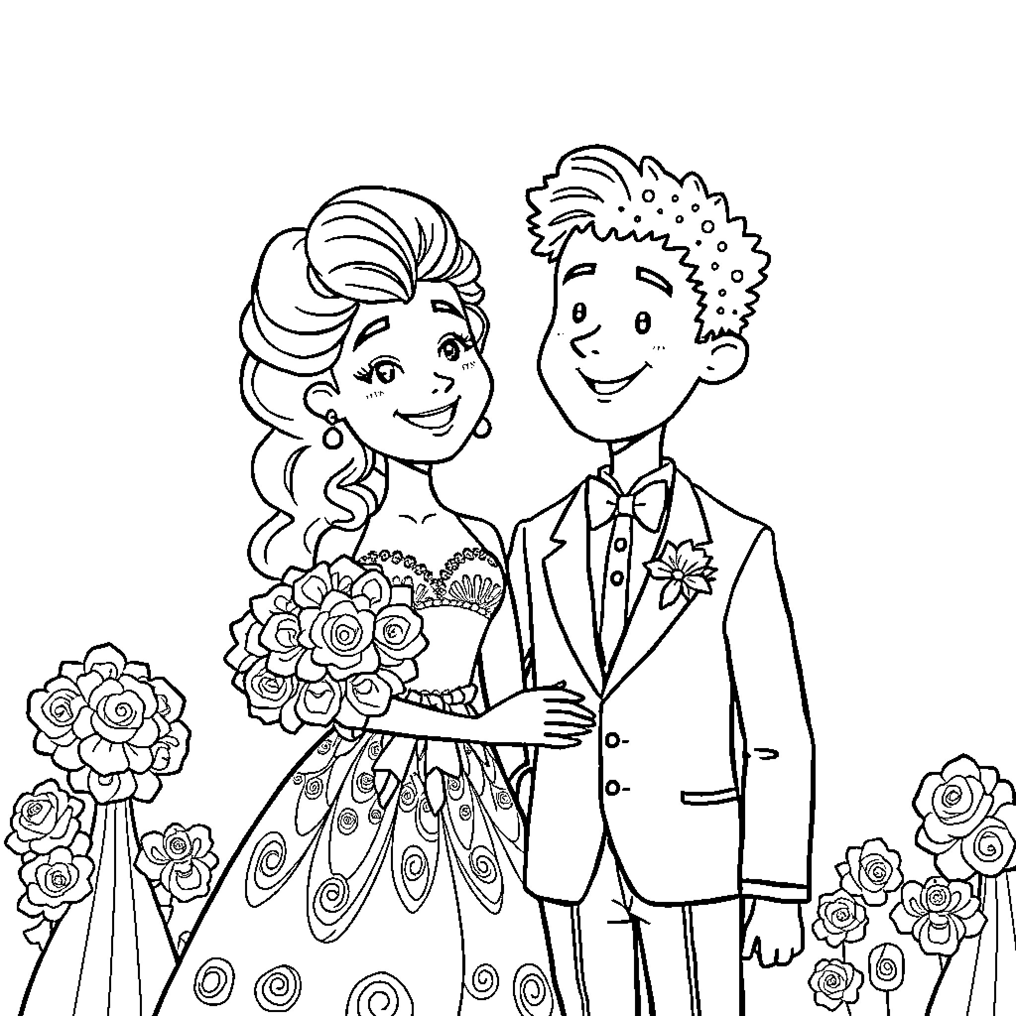 Wedding couple in formal attire with flowers Coloring Page (free black-and-white line drawing printable PDF for all, from beginners to advanced learners, including children, teens, adults, and seniors)