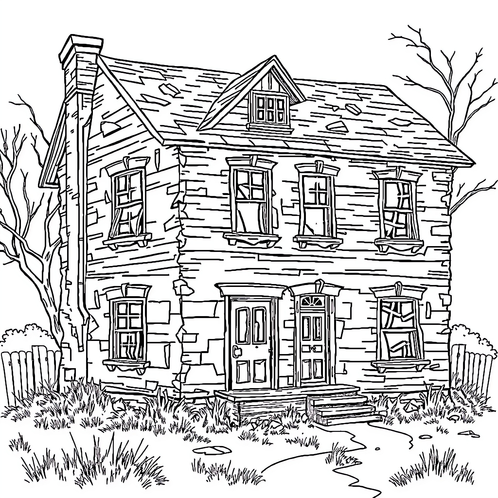 Trap House: Abandoned Rustic Dwelling in Nature Coloring Page (free black-and-white line drawing printable PDF for all, from beginners to advanced learners, including children, teens, adults, and seniors)