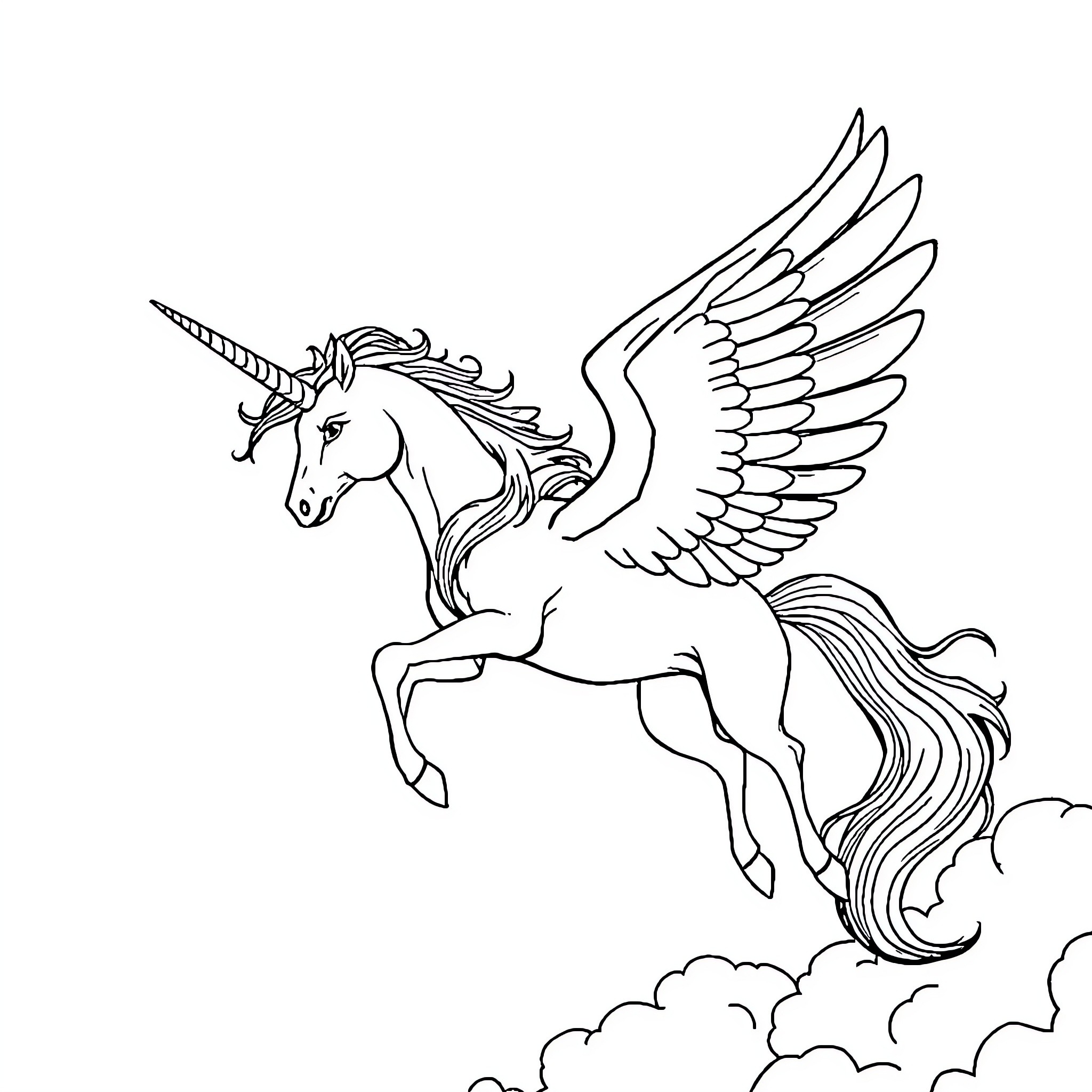 Alicorn soaring through the clouds Coloring Page (free black-and-white line drawing printable PDF for all, from beginners to advanced learners, including children, teens, adults, and seniors)