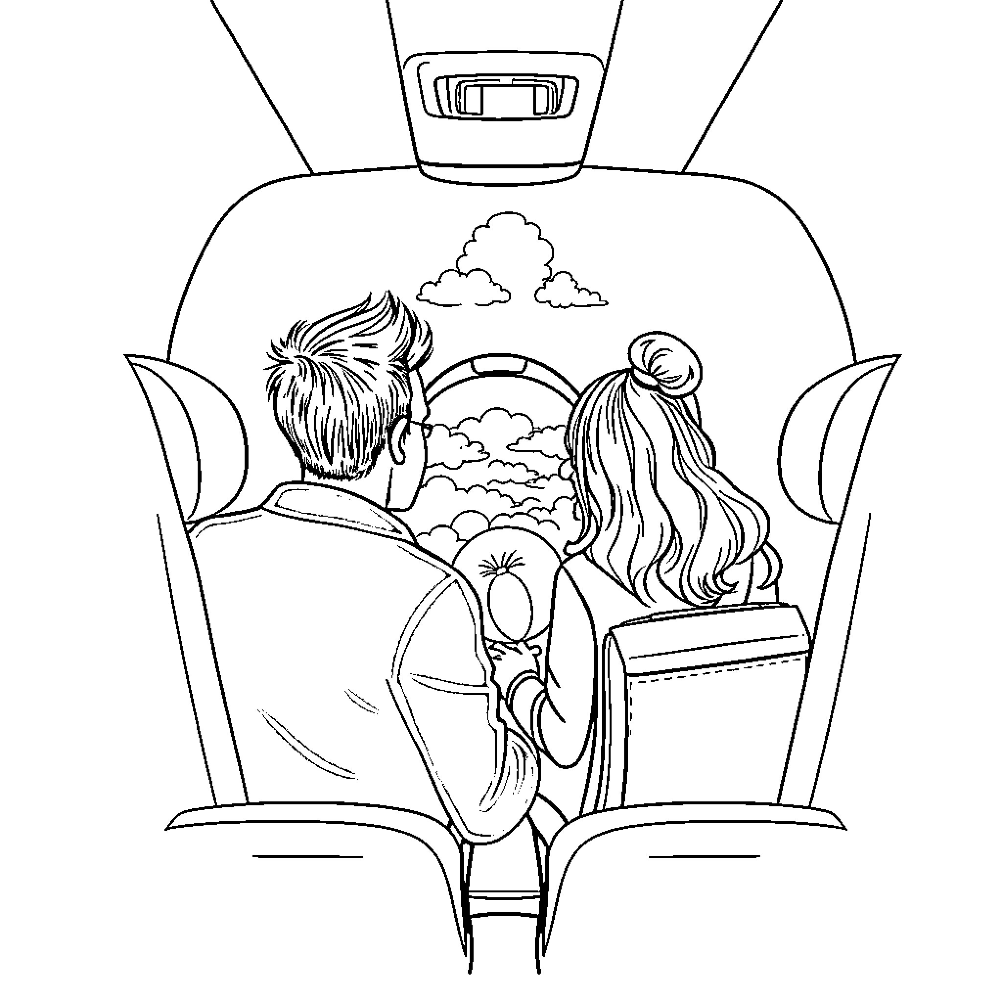 Family enjoying scenic views from airplane window Coloring Page (free black-and-white line drawing printable PDF for all, from beginners to advanced learners, including children, teens, adults, and seniors)