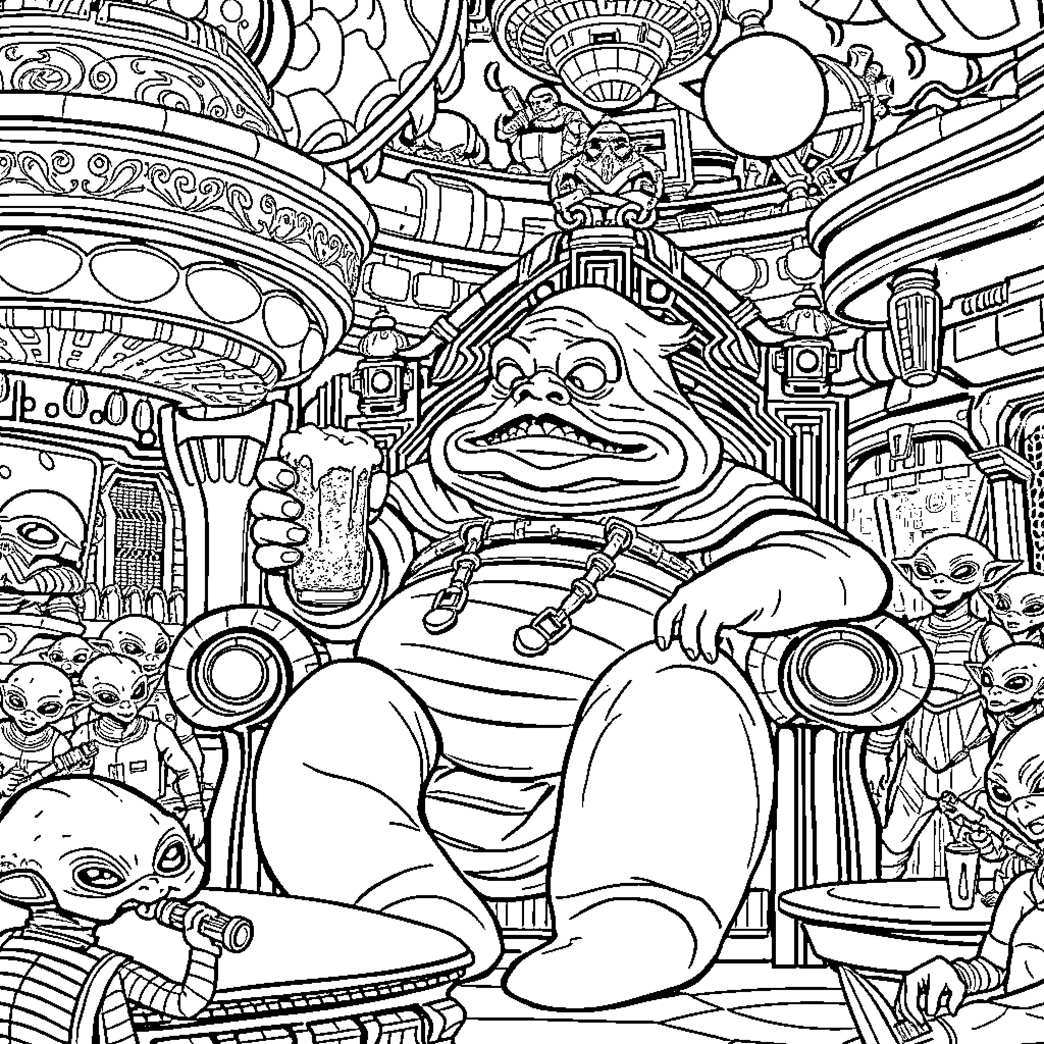Jabba's Extravagant Palace Festivities Coloring Page (free black-and-white line drawing printable PDF for all, from beginners to advanced learners, including children, teens, adults, and seniors)