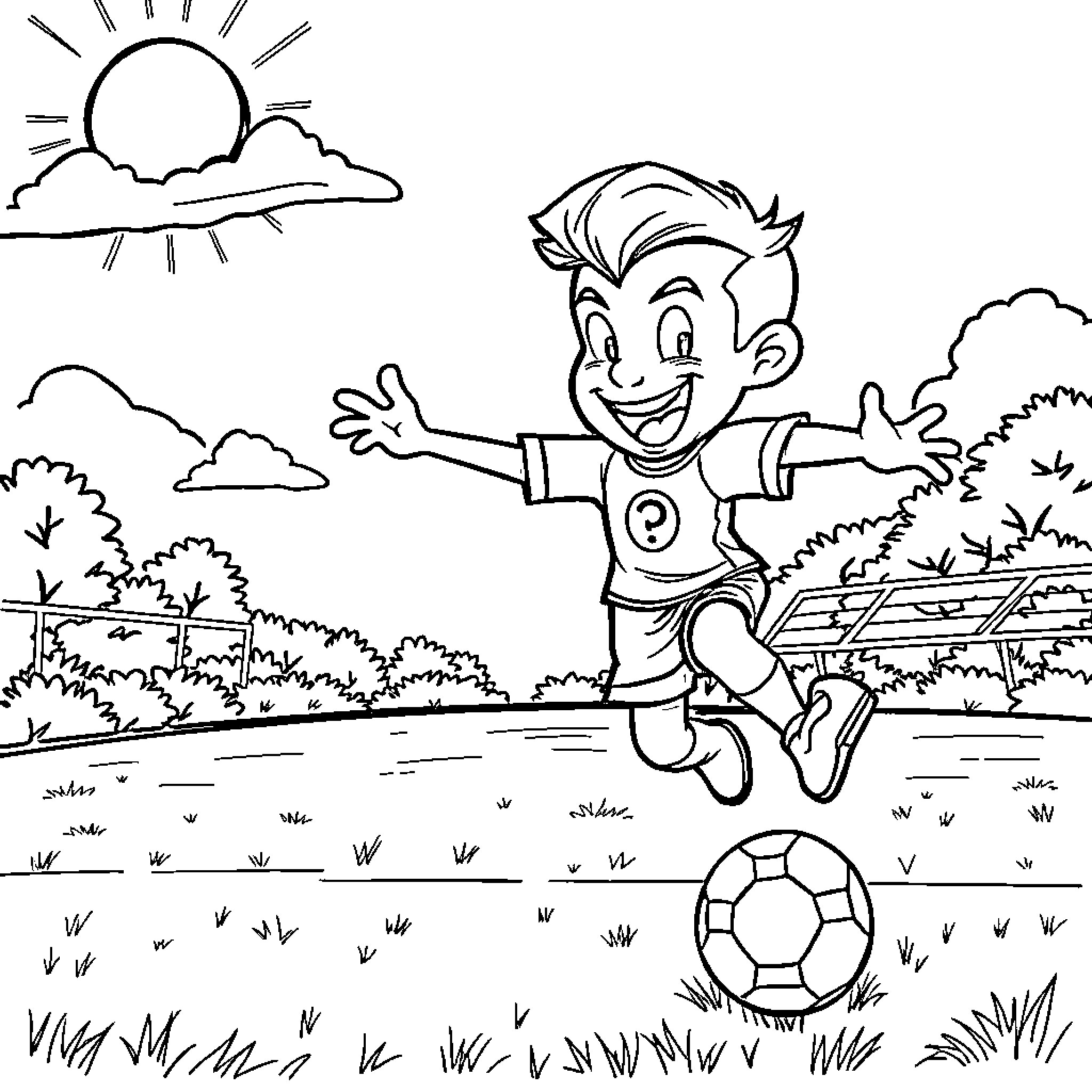 Superzing boy joyfully playing with soccer ball outdoors Coloring Page (free black-and-white line drawing printable PDF for all, from beginners to advanced learners, including children, teens, adults, and seniors)