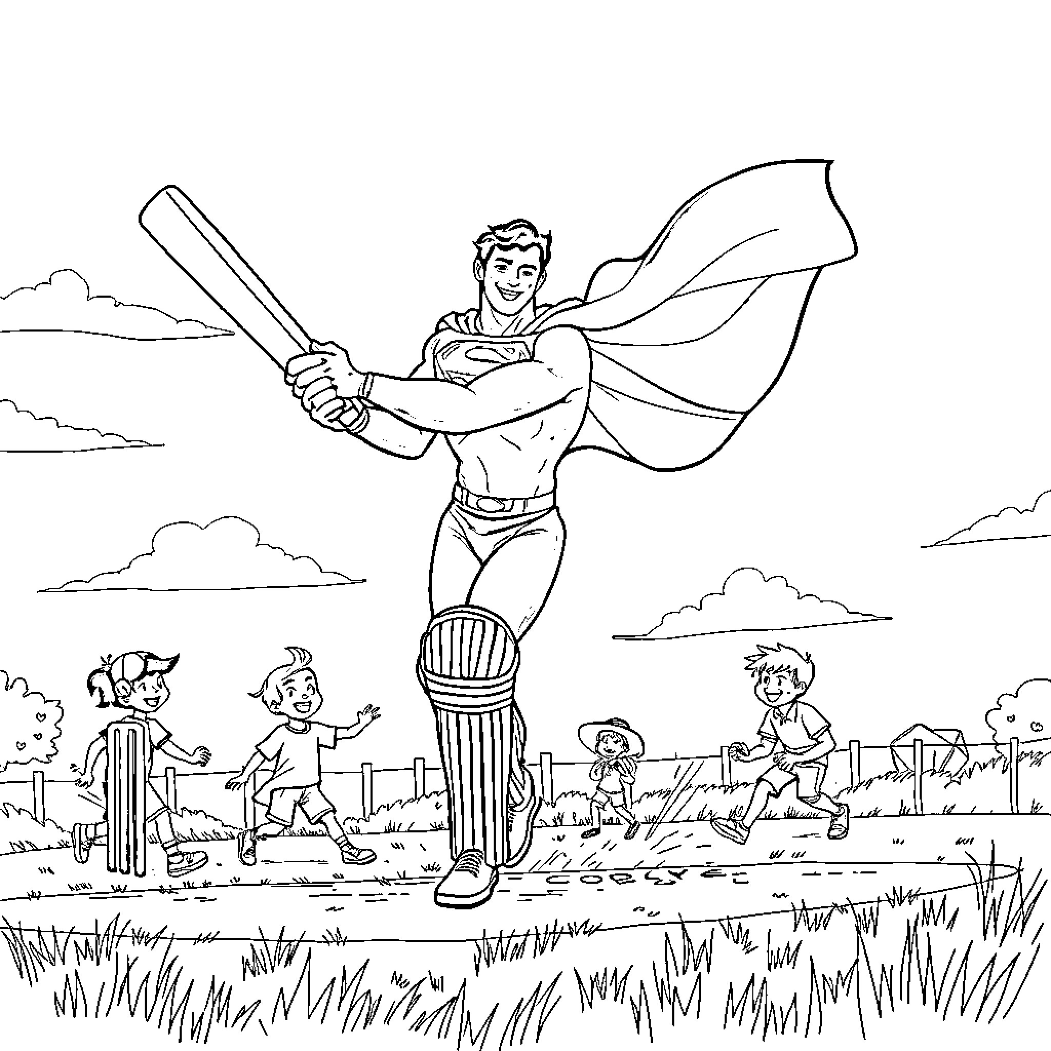 Superman heroically swings bat in energetic baseball game Coloring Page (free black-and-white line drawing printable PDF for all, from beginners to advanced learners, including children, teens, adults, and seniors)