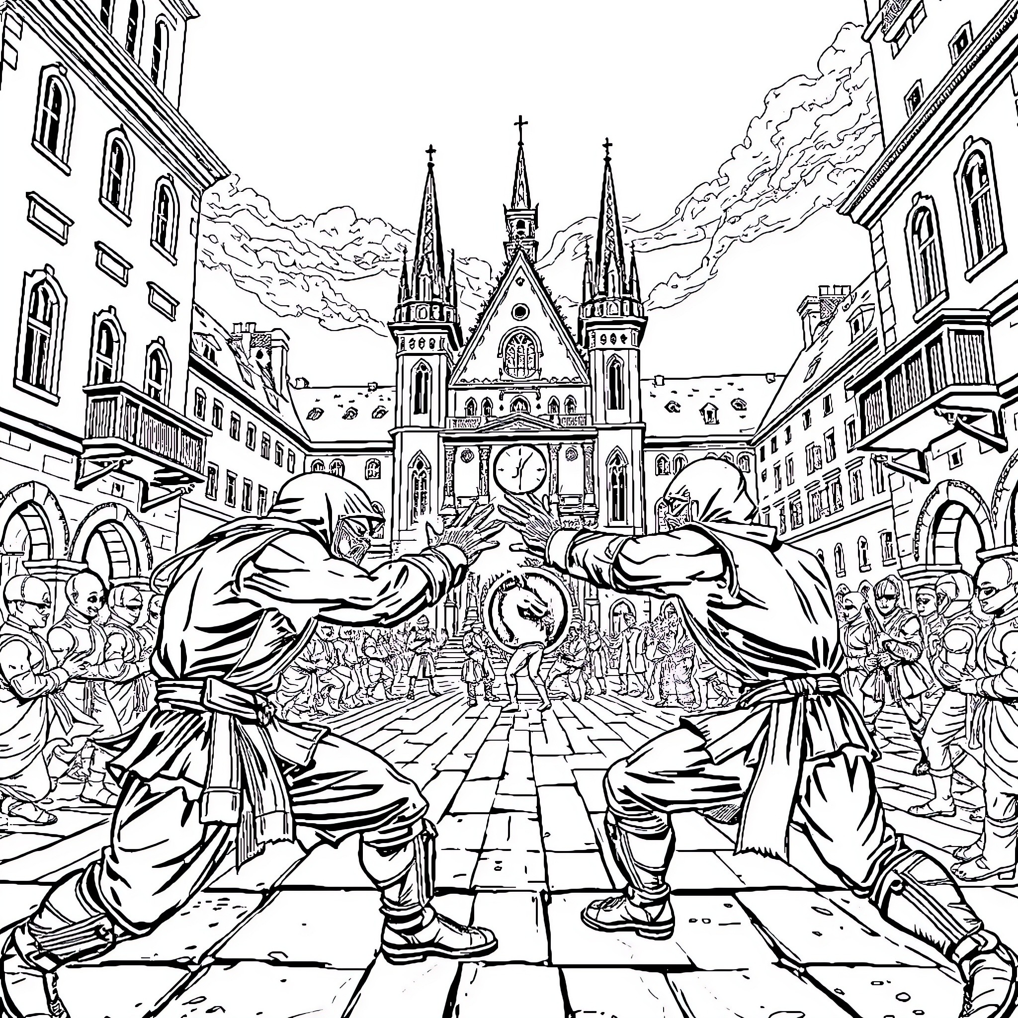 Mortal Kombat Battle in a Medieval City Square Coloring Page (free black-and-white line drawing printable PDF for all, from beginners to advanced learners, including children, teens, adults, and seniors)