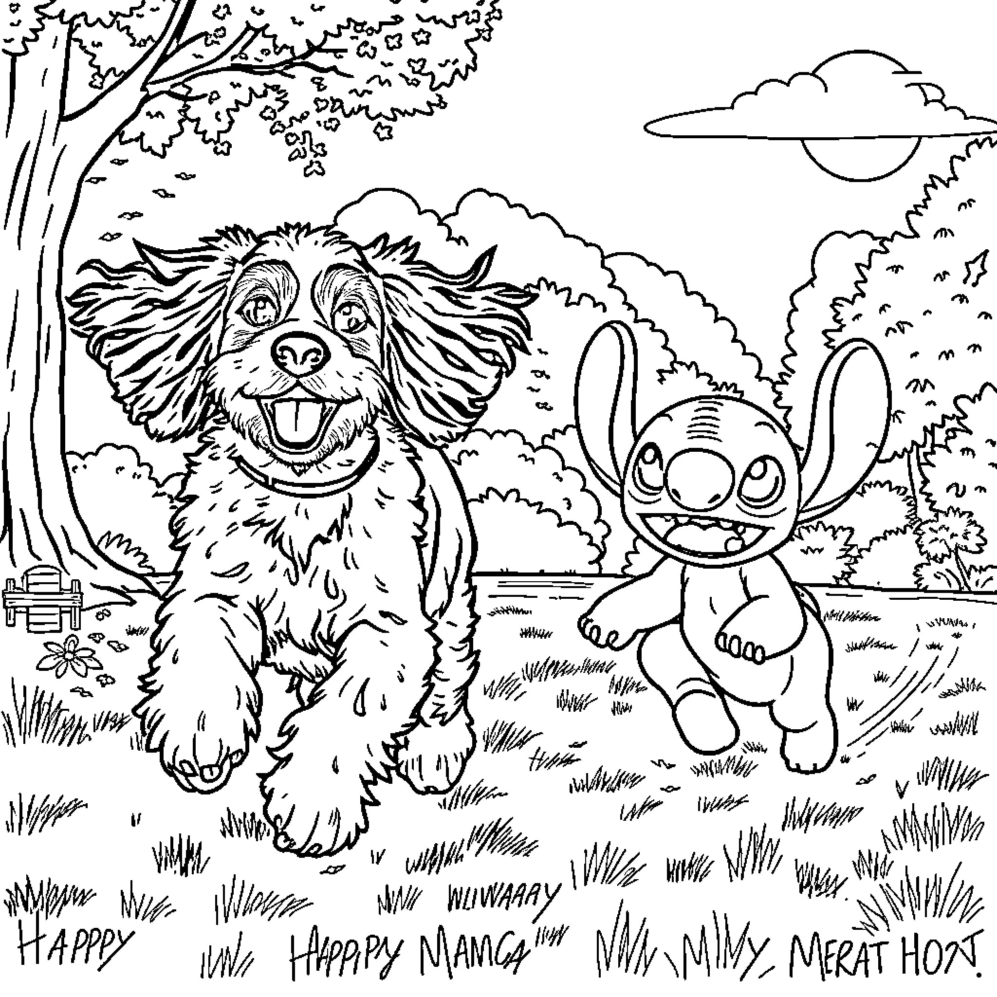 Cocker Spaniel and Stitch enjoying nature together Coloring Page (free black-and-white line drawing printable PDF for all, from beginners to advanced learners, including children, teens, adults, and seniors)