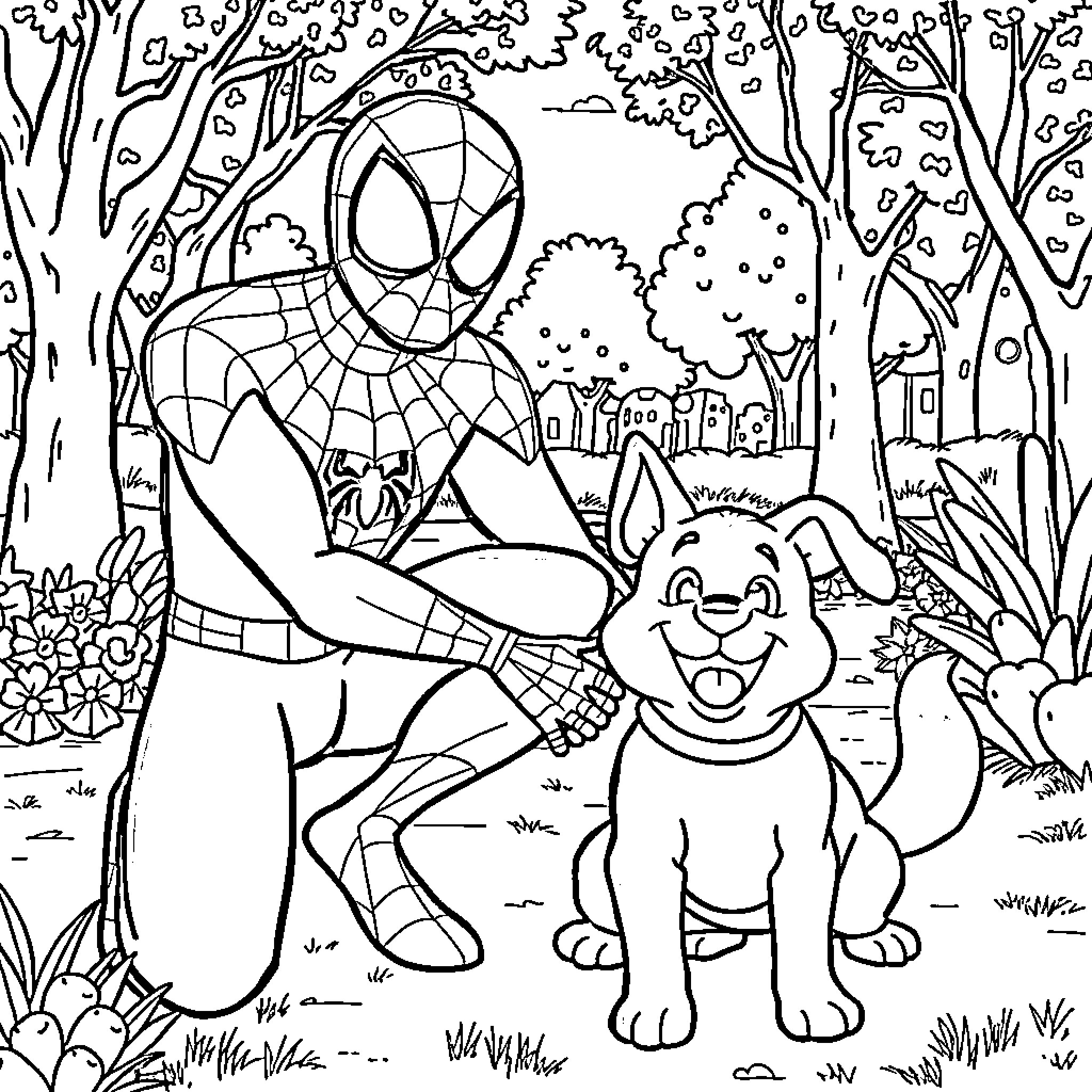 Spiderman helping a happy puppy in the forest Coloring Page (free black-and-white line drawing printable PDF for all, from beginners to advanced learners, including children, teens, adults, and seniors)