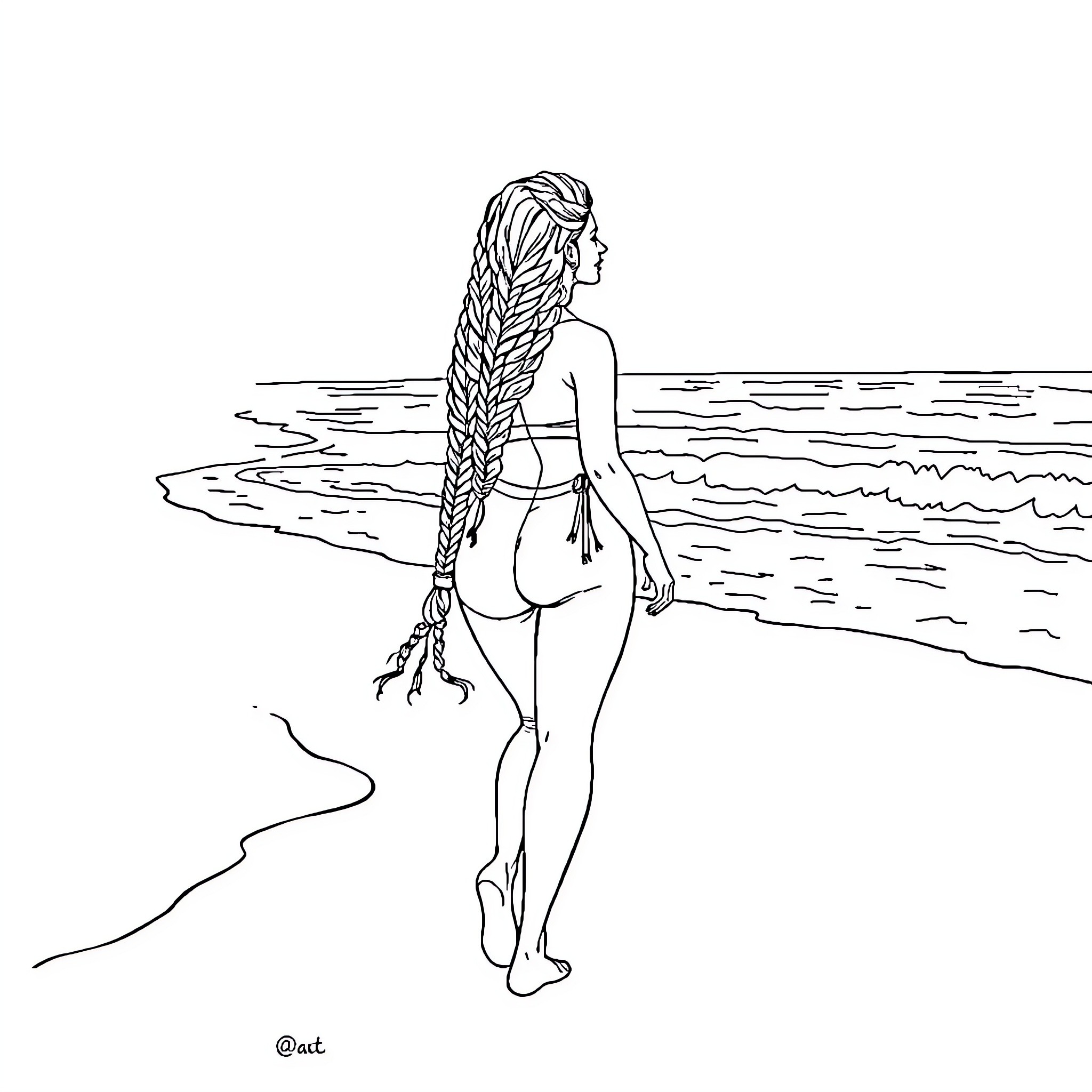 Woman Standing at the Beach Coloring Page (free black-and-white line drawing printable PDF for all, from beginners to advanced learners, including children, teens, adults, and seniors)