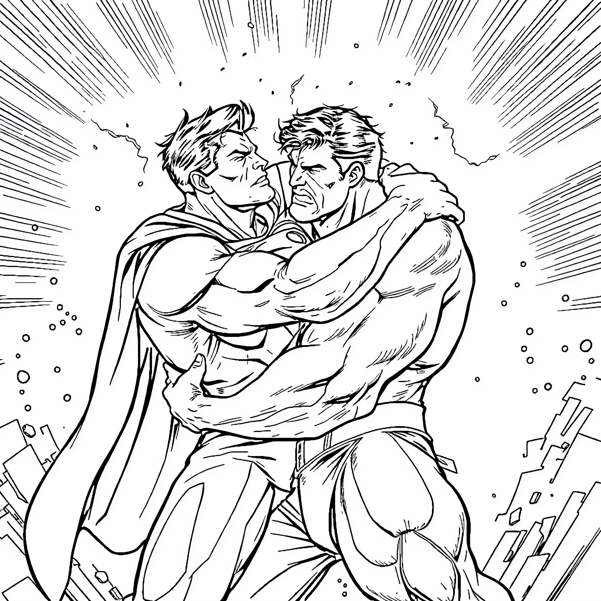 Superman confronting a powerful opponent Coloring Page (free black-and-white line drawing printable PDF for all, from beginners to advanced learners, including children, teens, adults, and seniors)