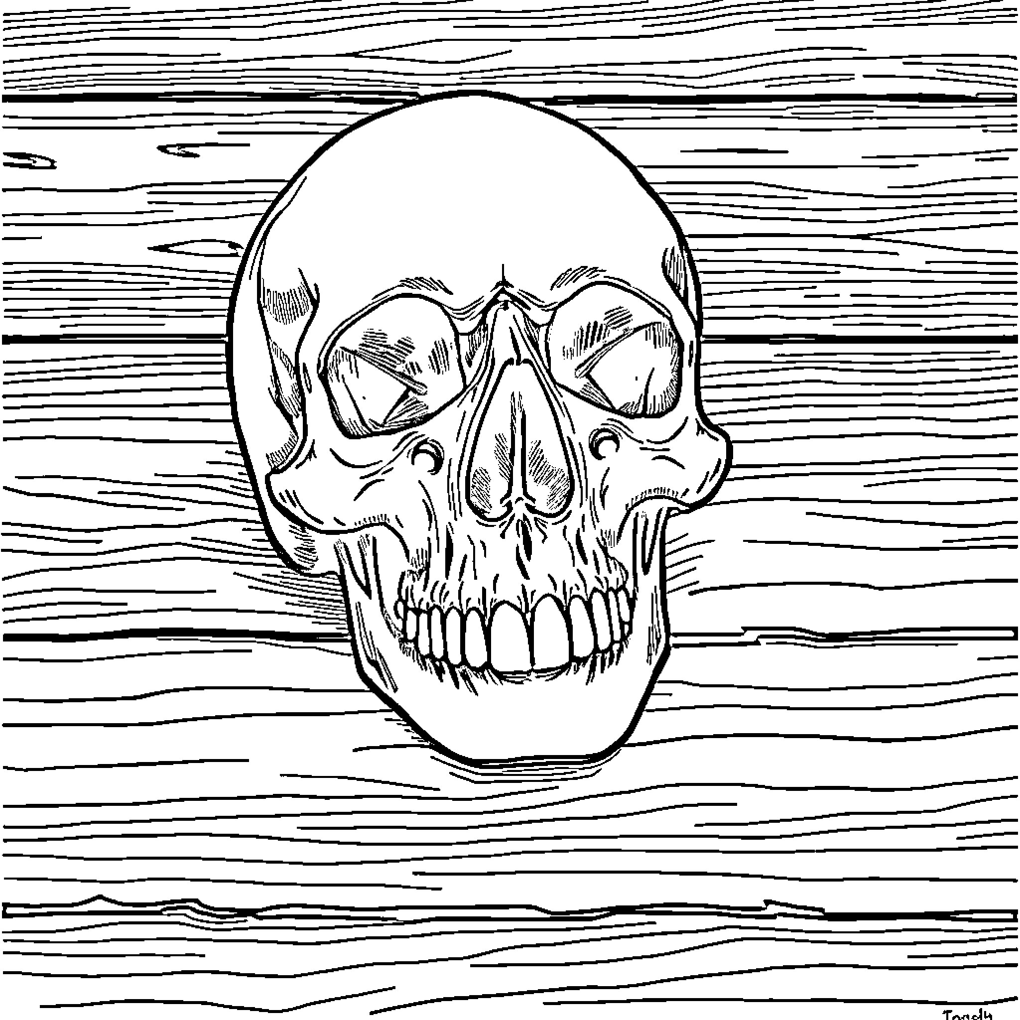 Skull Emerging from Wooden Textures Coloring Page (free black-and-white line drawing printable PDF for all, from beginners to advanced learners, including children, teens, adults, and seniors)