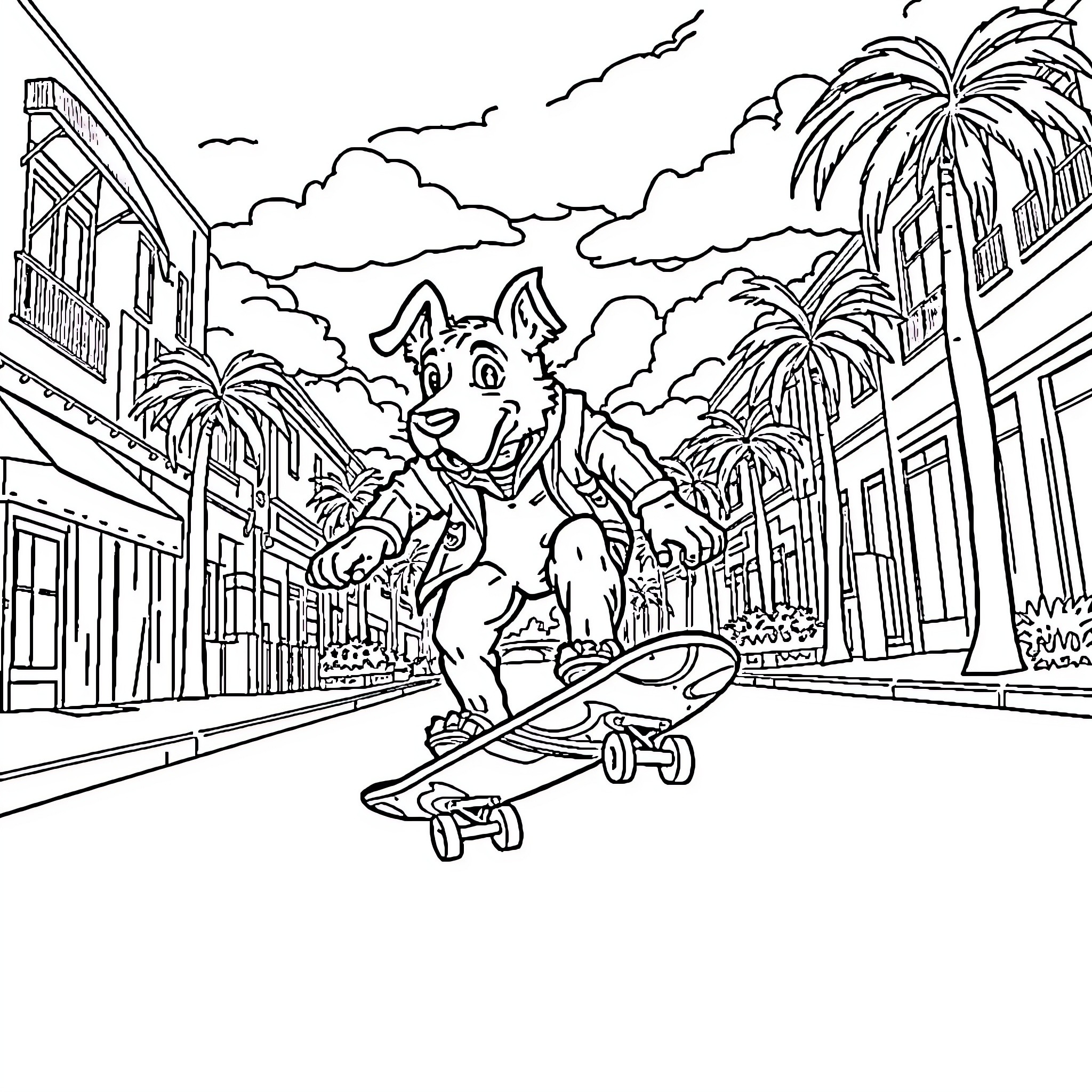 Dogman skateboarding through a tropical town Coloring Page (free black-and-white line drawing printable PDF for all, from beginners to advanced learners, including children, teens, adults, and seniors)