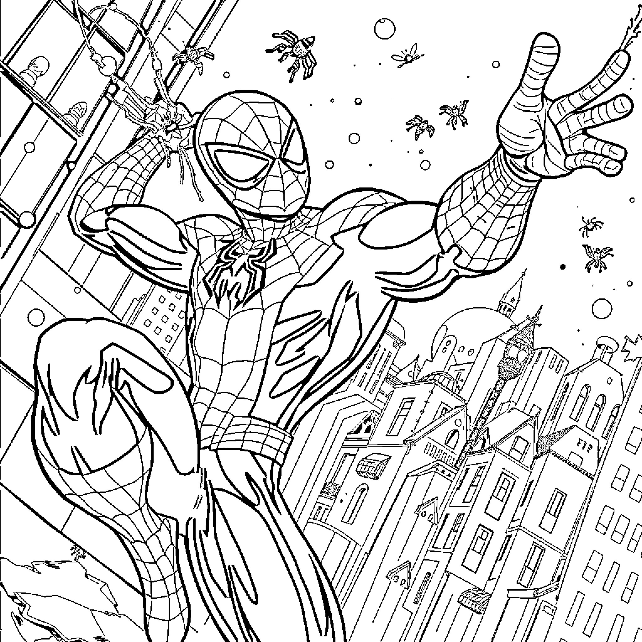 Spiderman swinging through the city in action Coloring Page (free black-and-white line drawing printable PDF for all, from beginners to advanced learners, including children, teens, adults, and seniors)