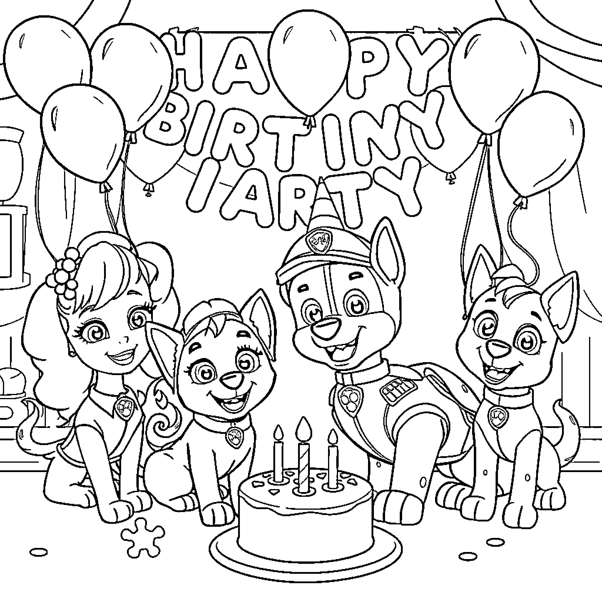 Character celebrating happy birthday party with puppies Coloring Page (free black-and-white line drawing printable PDF for all, from beginners to advanced learners, including children, teens, adults, and seniors)
