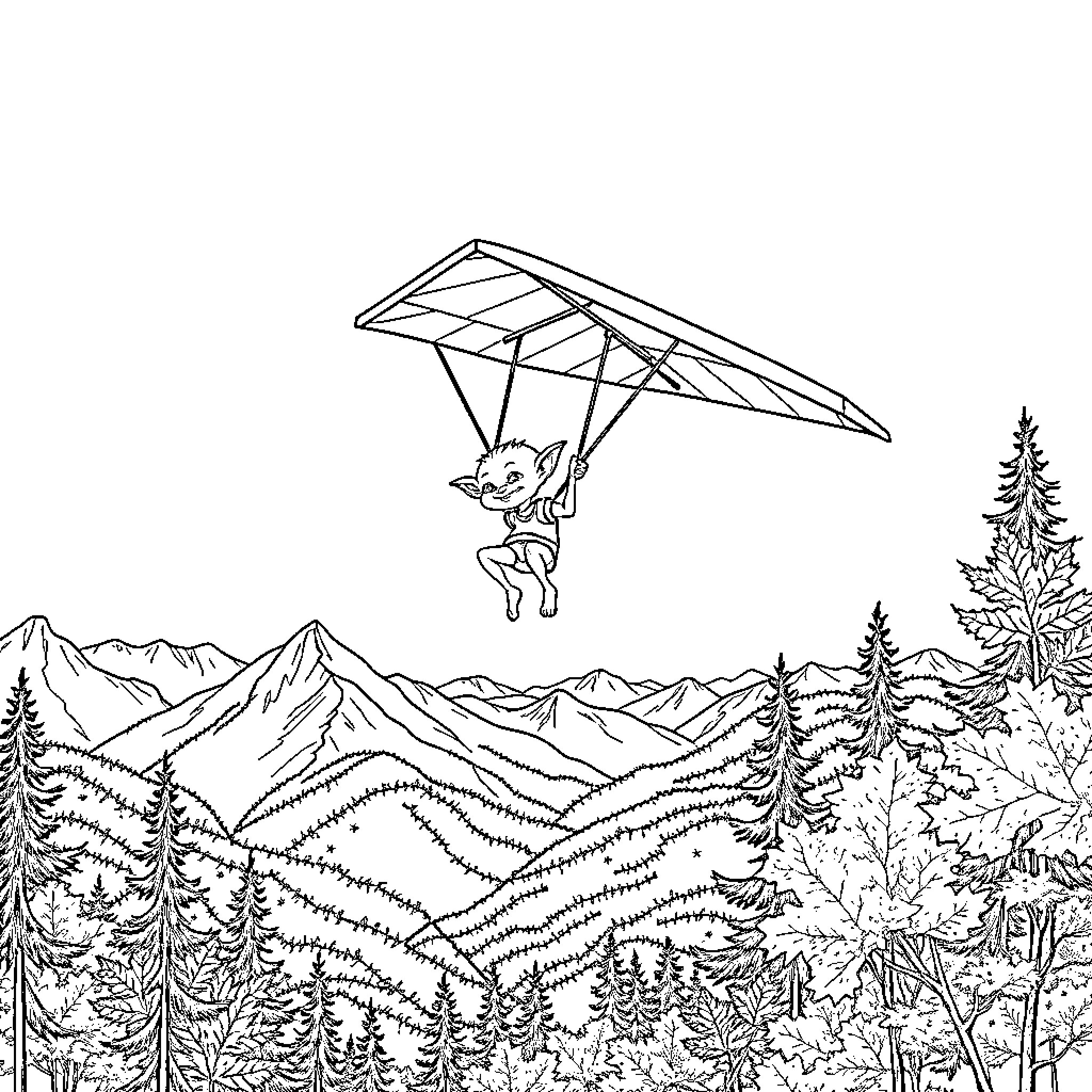 Goblin soaring through the mountains on a hang glider Coloring Page (free black-and-white line drawing printable PDF for all, from beginners to advanced learners, including children, teens, adults, and seniors)