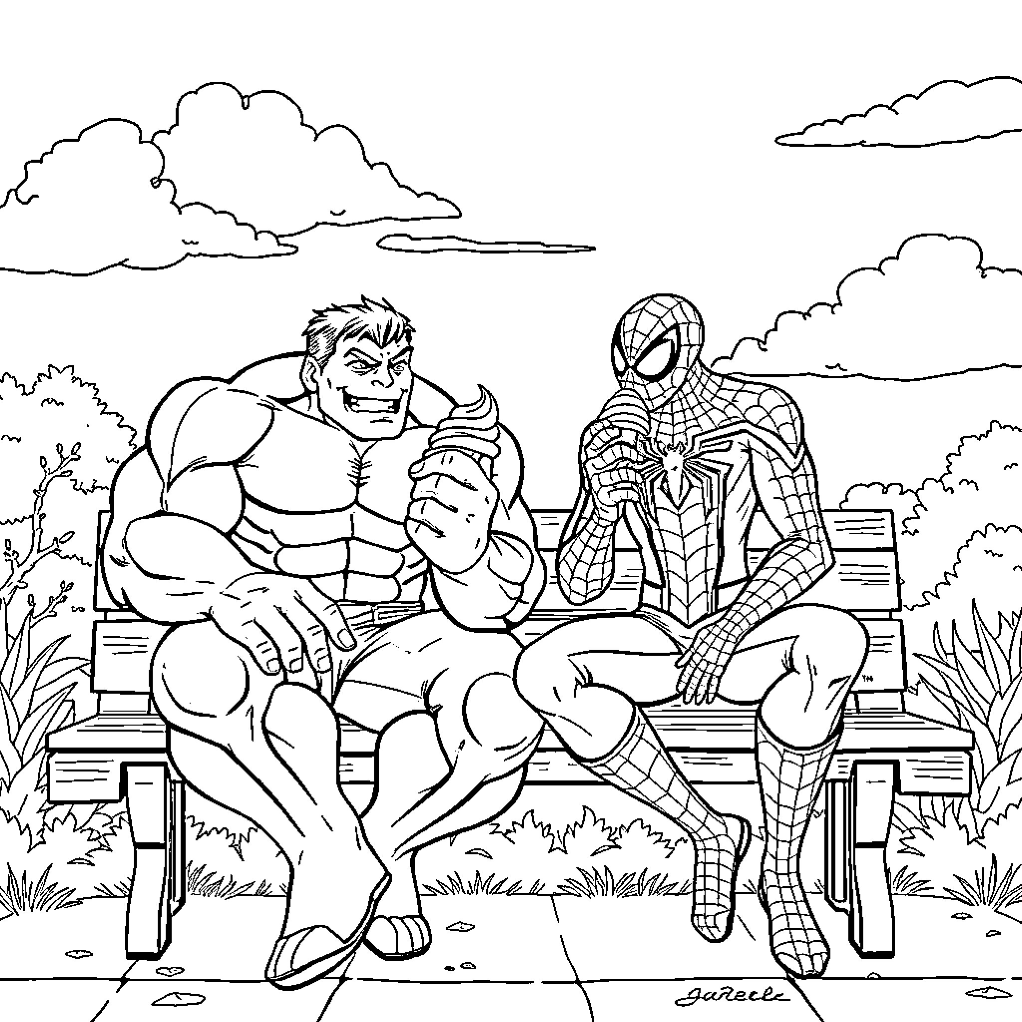 Hulk and Spiderman relaxing on a park bench Coloring Page (free black-and-white line drawing printable PDF for all, from beginners to advanced learners, including children, teens, adults, and seniors)
