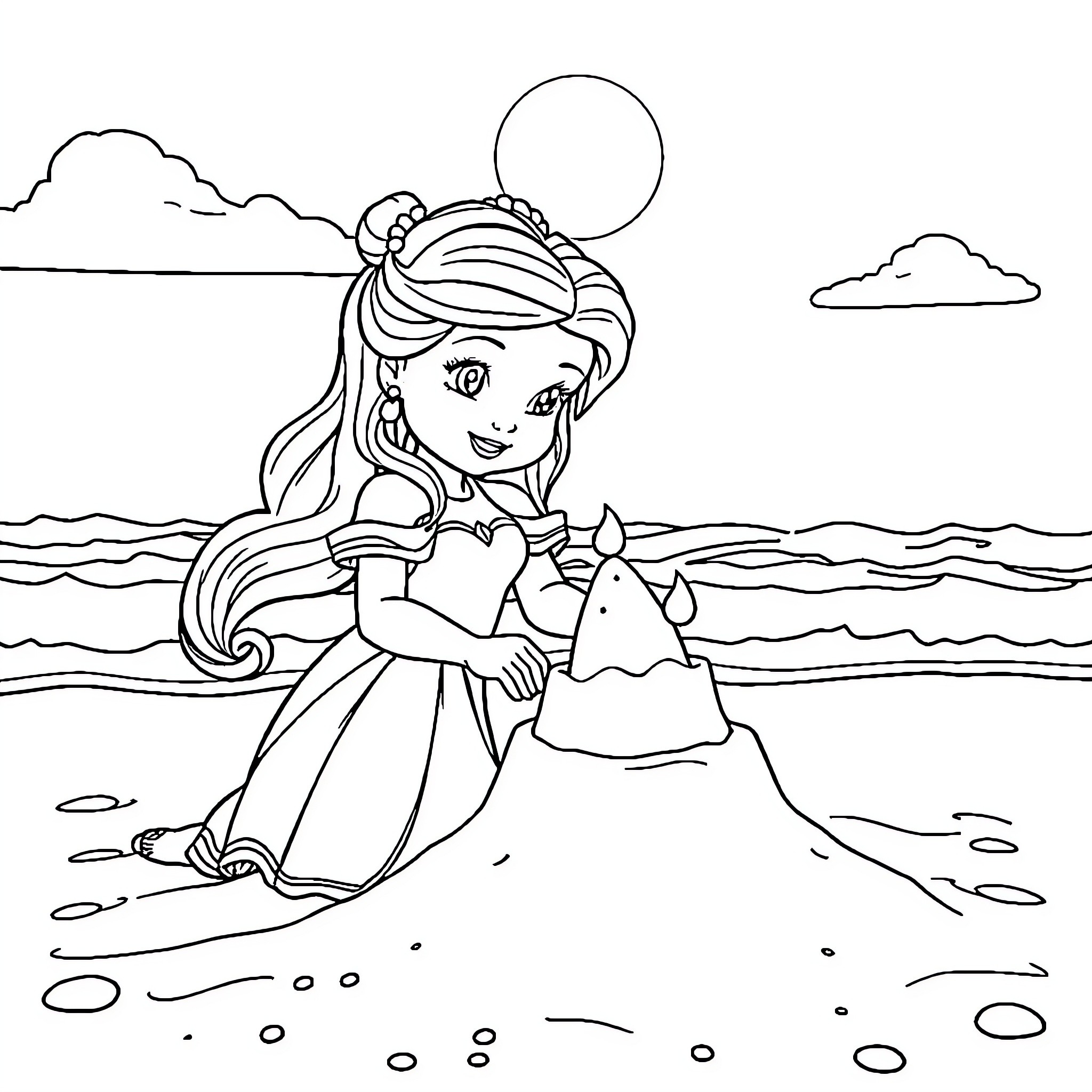 Belle building a sandcastle on the beach Coloring Page (free black-and-white line drawing printable PDF for all, from beginners to advanced learners, including children, teens, adults, and seniors)