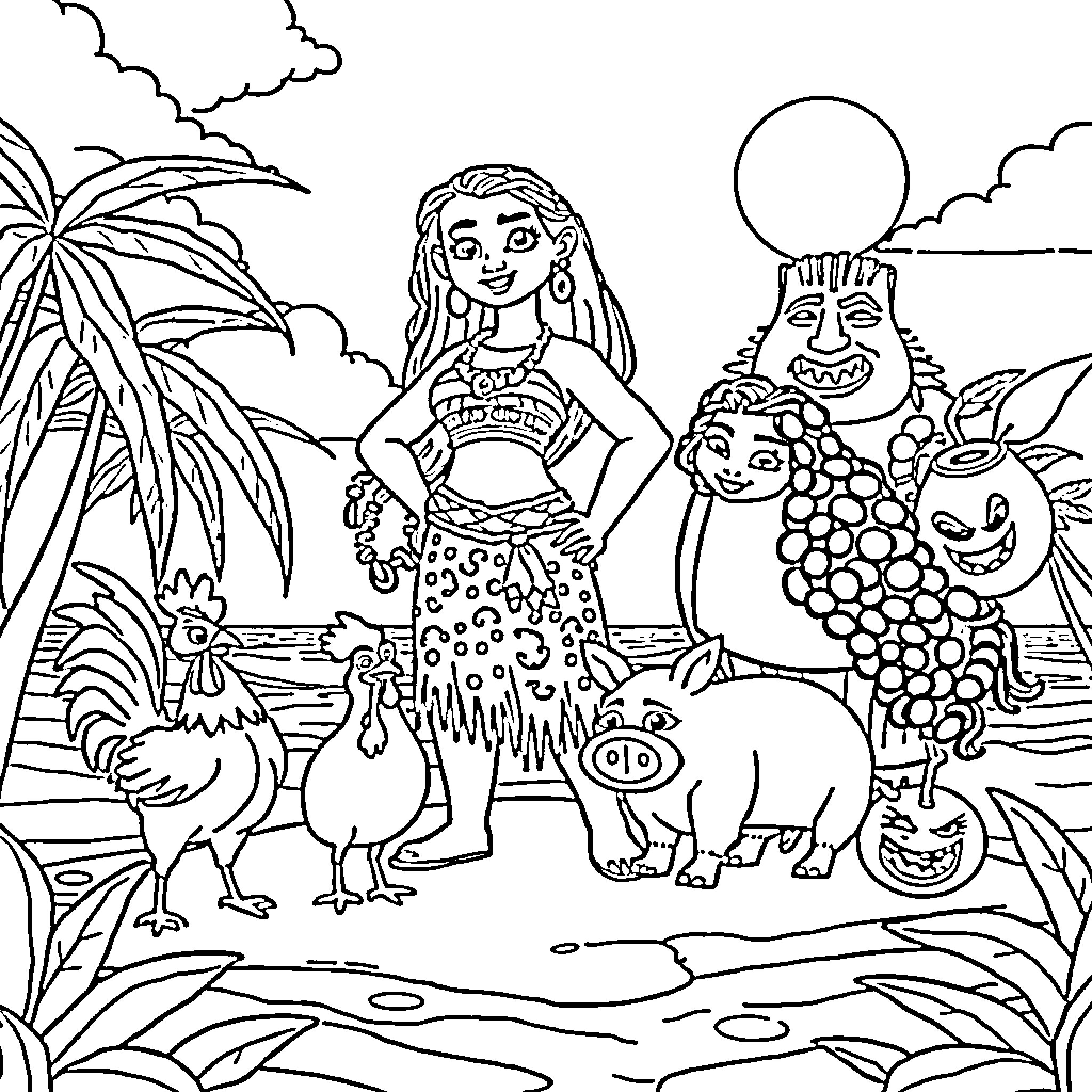 Moana enjoying a tropical island adventure Coloring Page (free black-and-white line drawing printable PDF for all, from beginners to advanced learners, including children, teens, adults, and seniors)