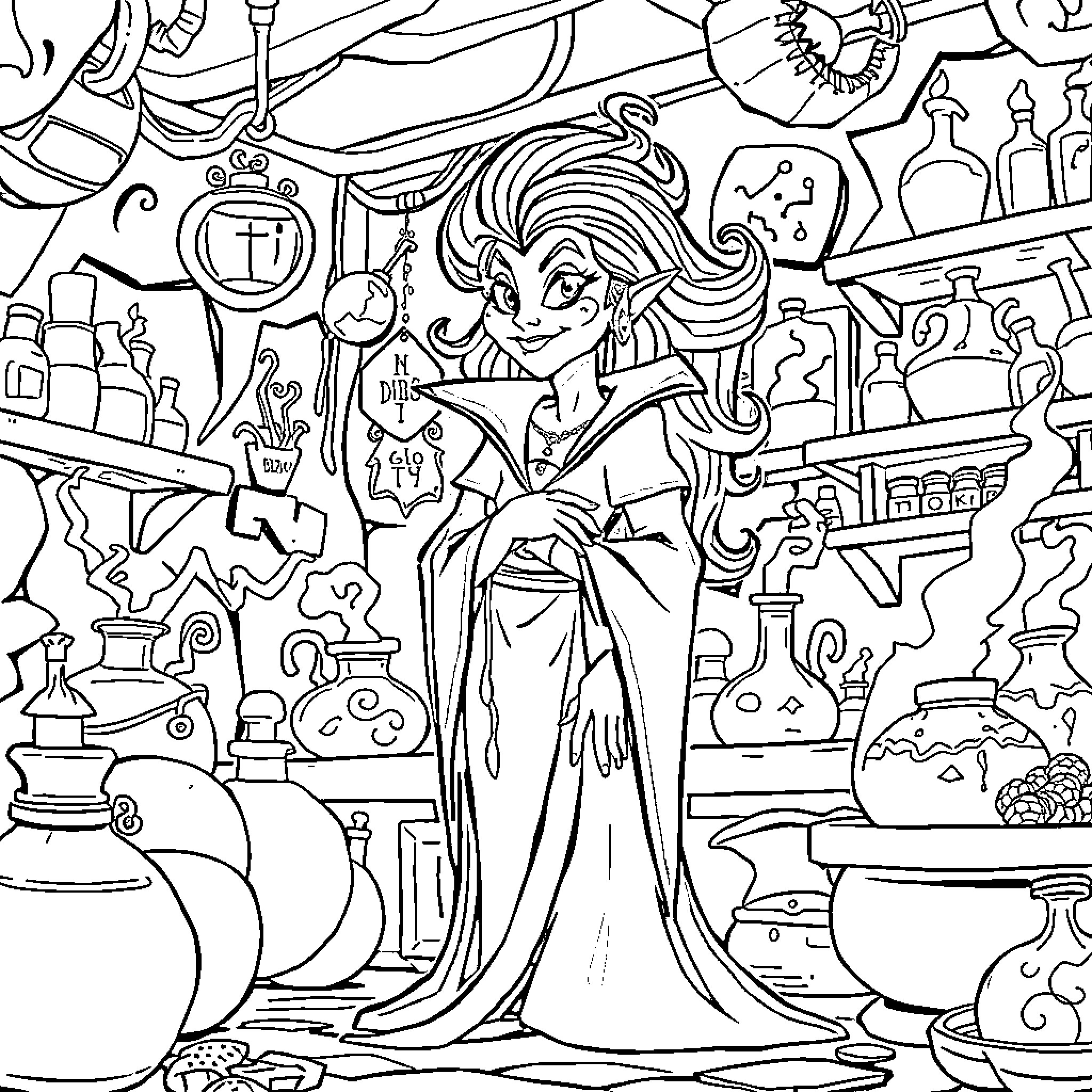 Yeezma's Magical Alchemy Laboratory Coloring Page (free black-and-white line drawing printable PDF for all, from beginners to advanced learners, including children, teens, adults, and seniors)