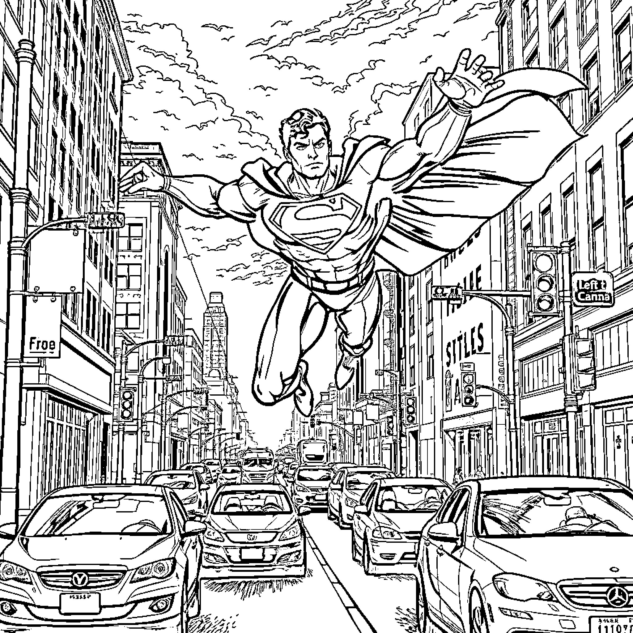 Superman soaring over a bustling city Coloring Page (free black-and-white line drawing printable PDF for all, from beginners to advanced learners, including children, teens, adults, and seniors)