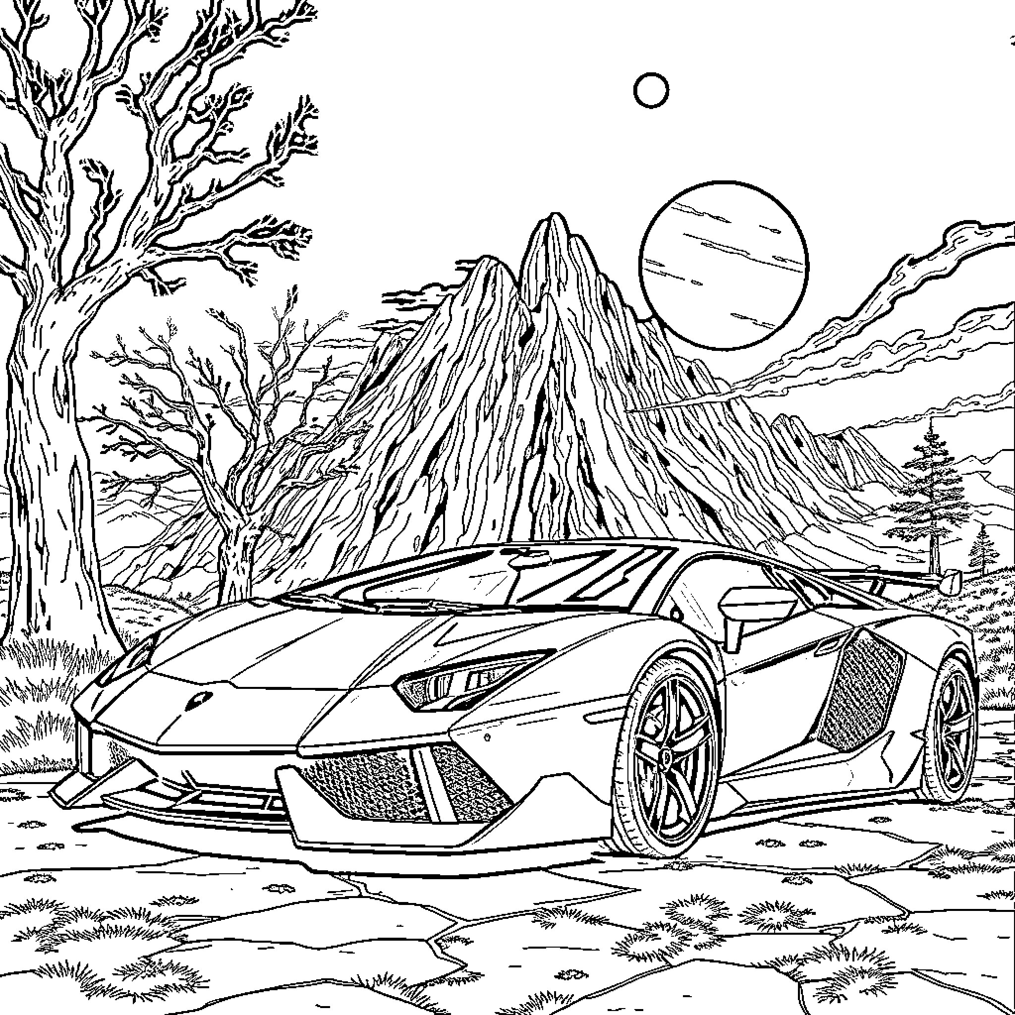 Lamborghini sports car in mountain landscape Coloring Page (free black-and-white line drawing printable PDF for all, from beginners to advanced learners, including children, teens, adults, and seniors)