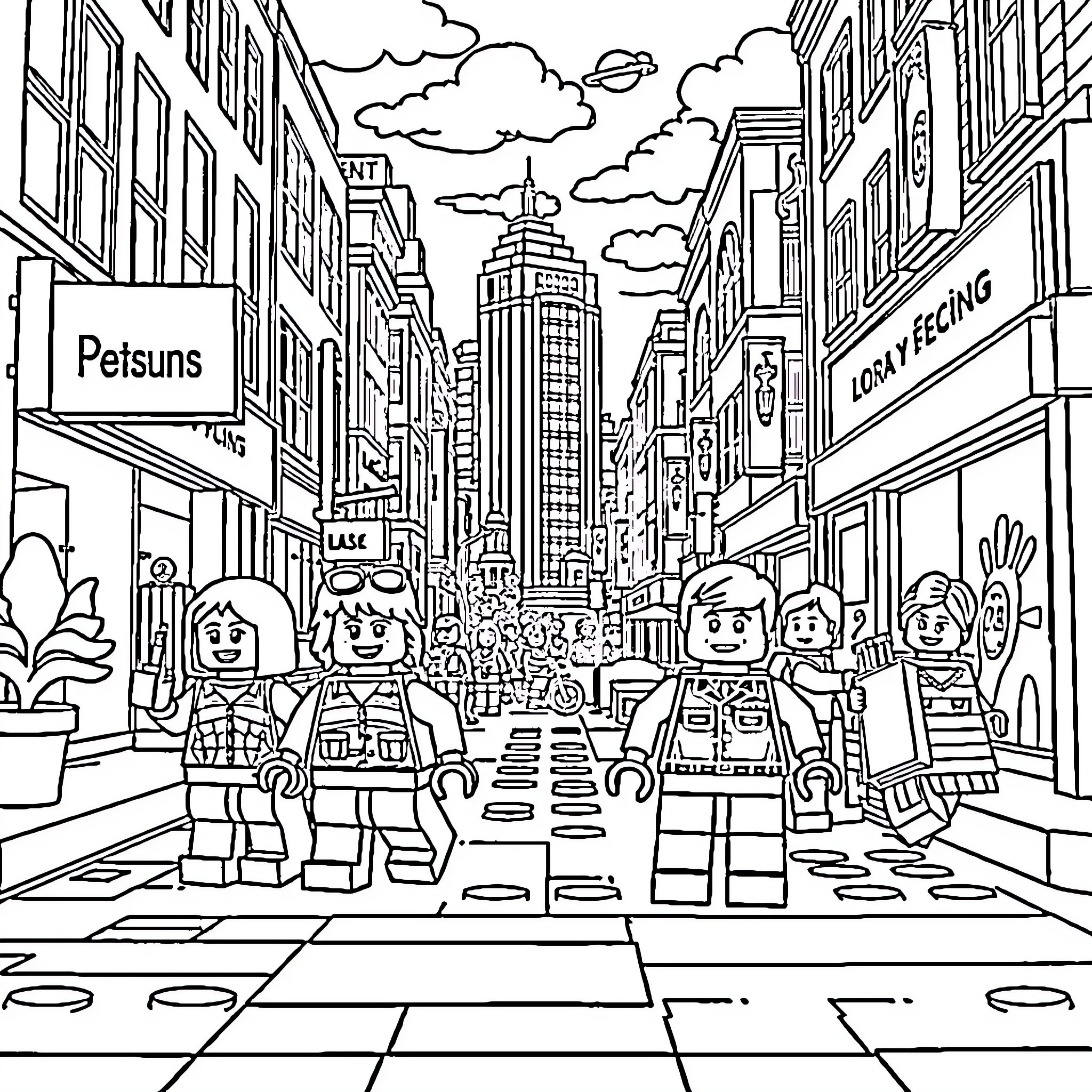 LEGO Figures Exploring Busy City Street Coloring Page (free black-and-white line drawing printable PDF for all, from beginners to advanced learners, including children, teens, adults, and seniors)