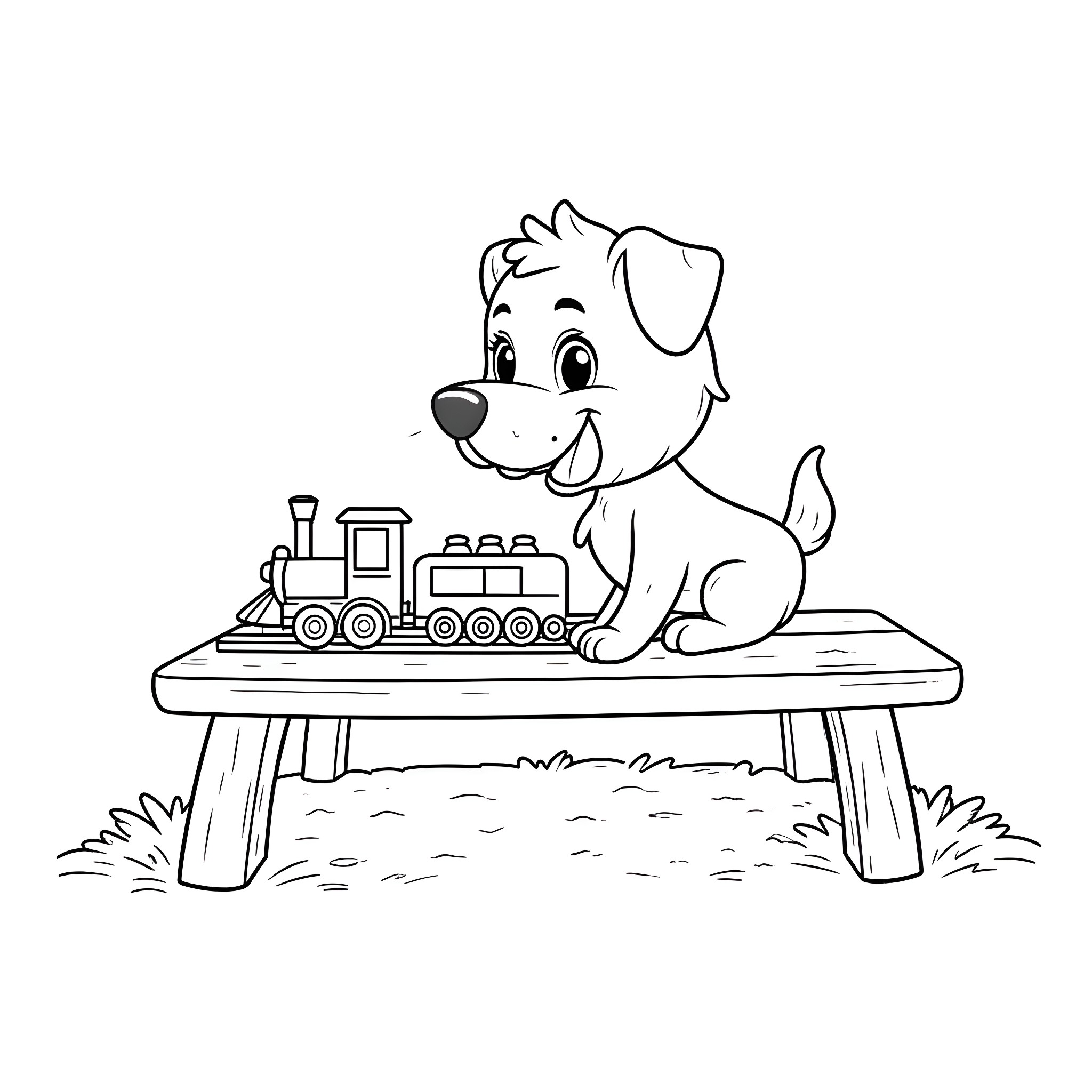 Bluey playing with toy train on a bench Coloring Page (free black-and-white line drawing printable PDF for all, from beginners to advanced learners, including children, teens, adults, and seniors)