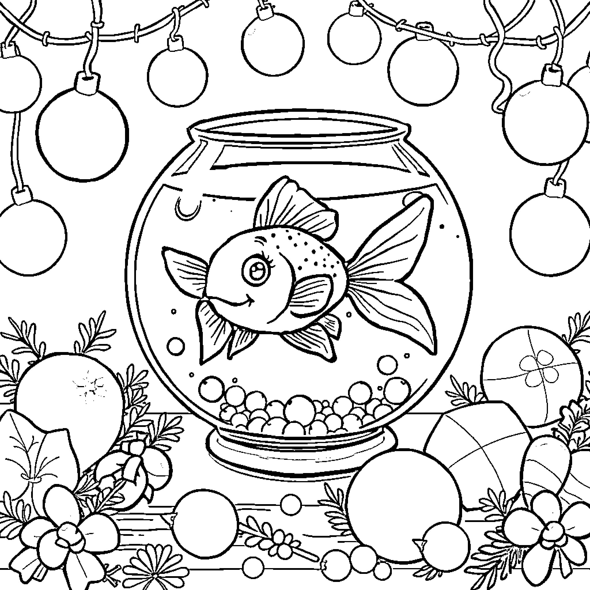 Goldfish swimming in ornament-filled aquarium Coloring Page (free black-and-white line drawing printable PDF for all, from beginners to advanced learners, including children, teens, adults, and seniors)