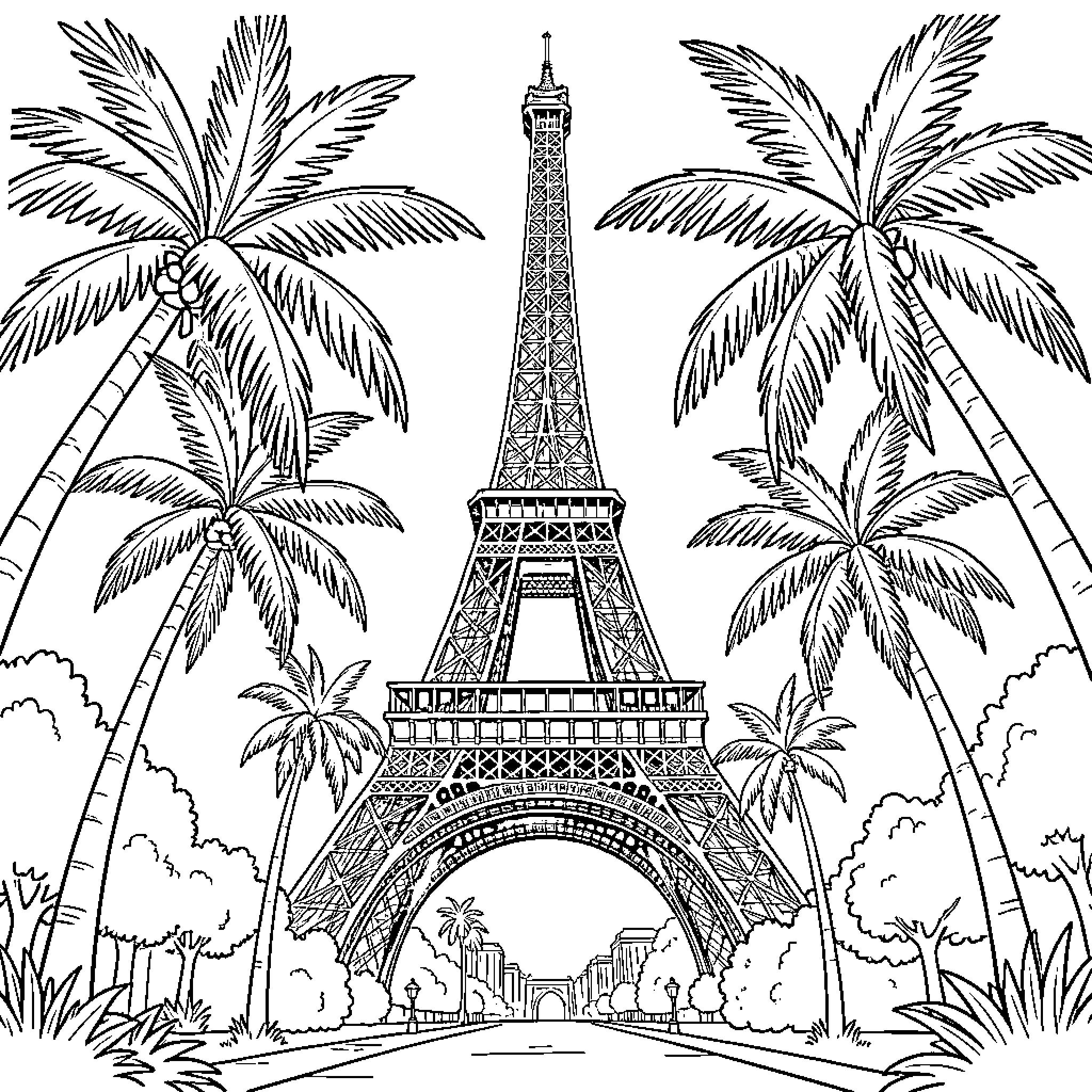 Eiffel Tower standing amidst tall palm trees Coloring Page (free black-and-white line drawing printable PDF for all, from beginners to advanced learners, including children, teens, adults, and seniors)