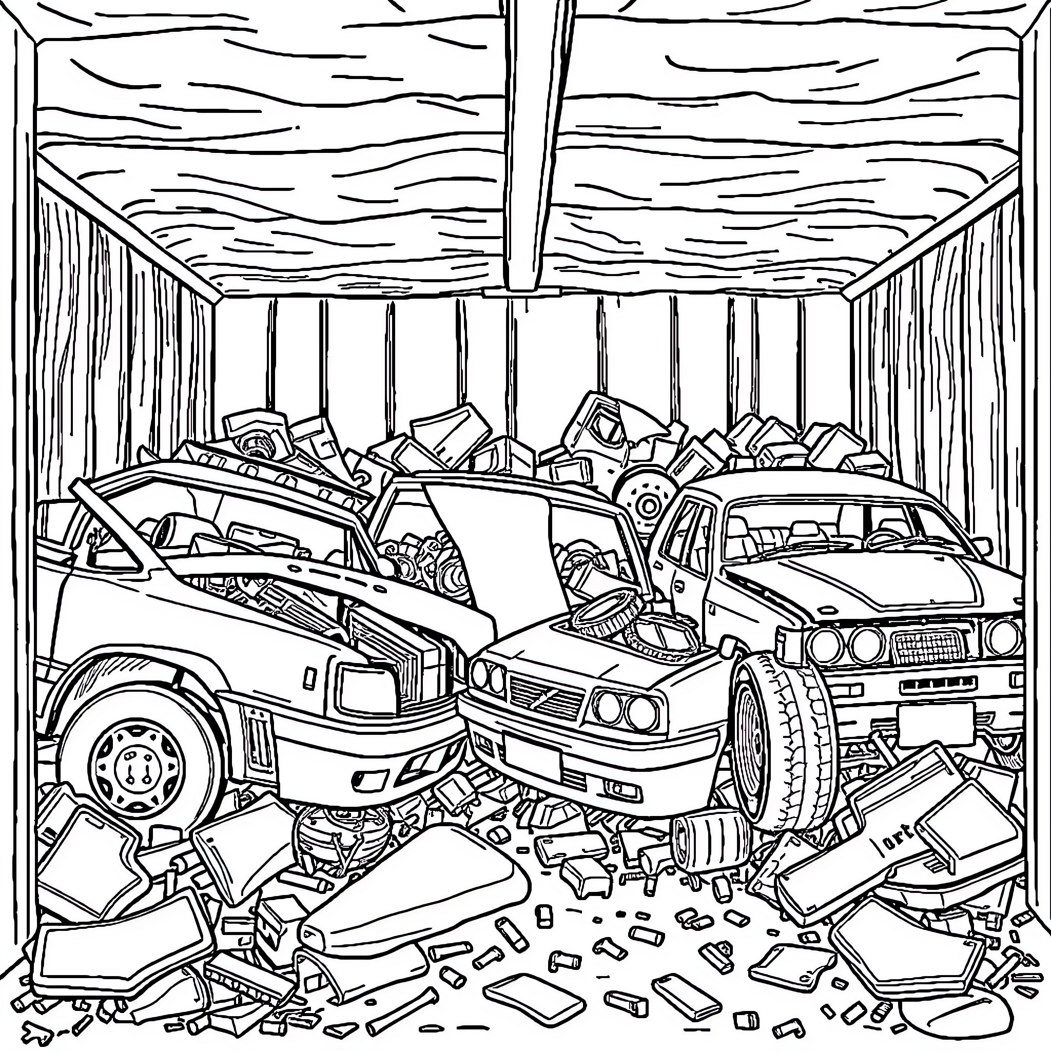 Voiture junkyard filled with abandoned and wrecked vehicles Coloring Page (free black-and-white line drawing printable PDF for all, from beginners to advanced learners, including children, teens, adults, and seniors)