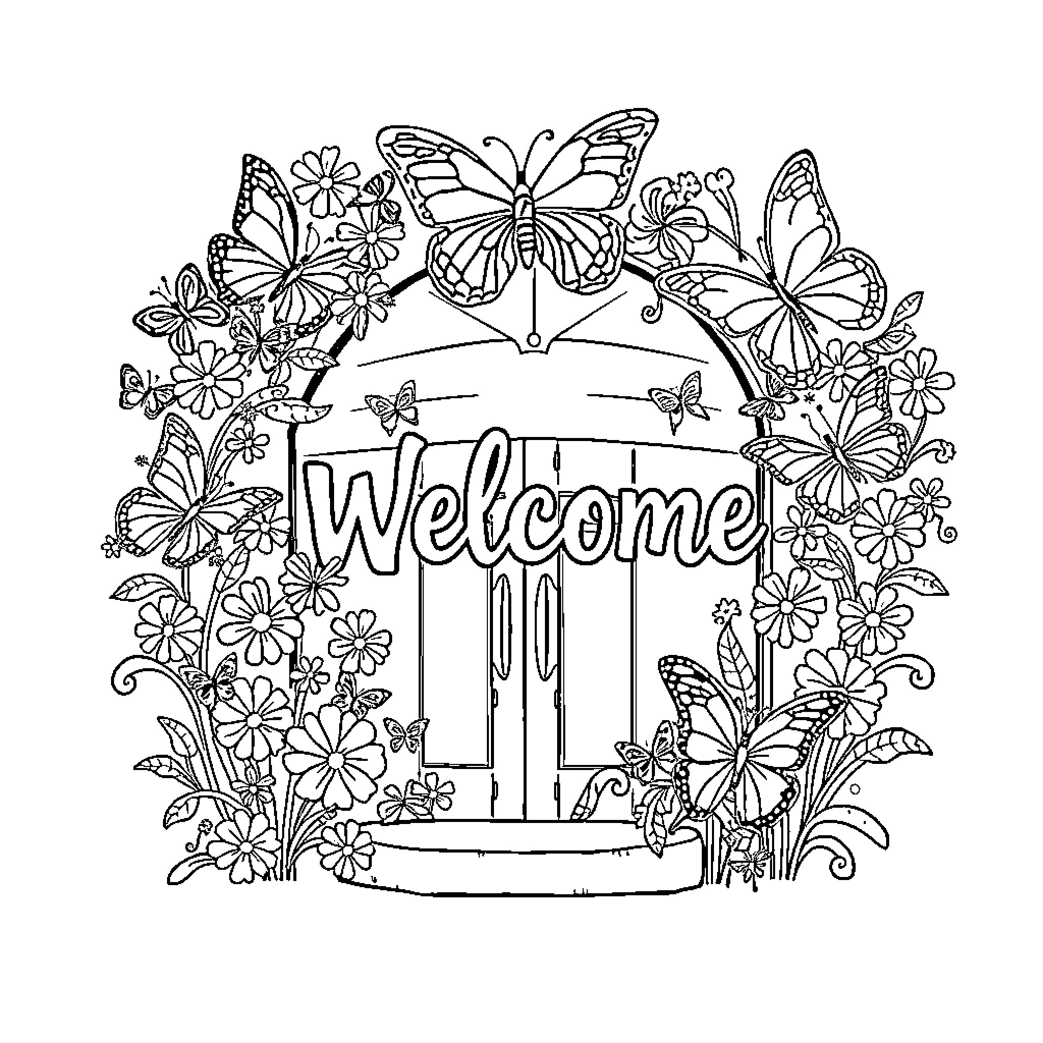 Butterfly welcome wreath with flowers Coloring Page (free black-and-white line drawing printable PDF for all, from beginners to advanced learners, including children, teens, adults, and seniors)