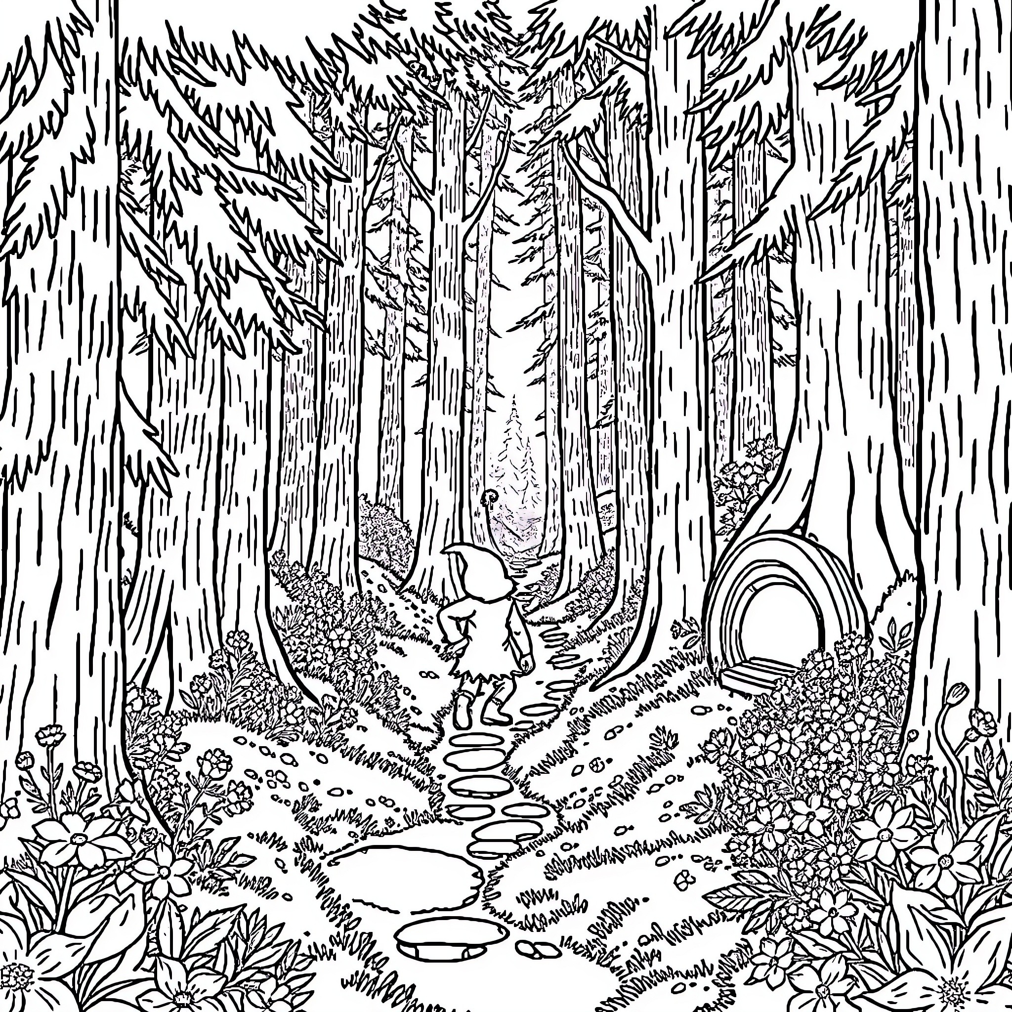 Hobbit exploring magical forest path Coloring Page (free black-and-white line drawing printable PDF for all, from beginners to advanced learners, including children, teens, adults, and seniors)