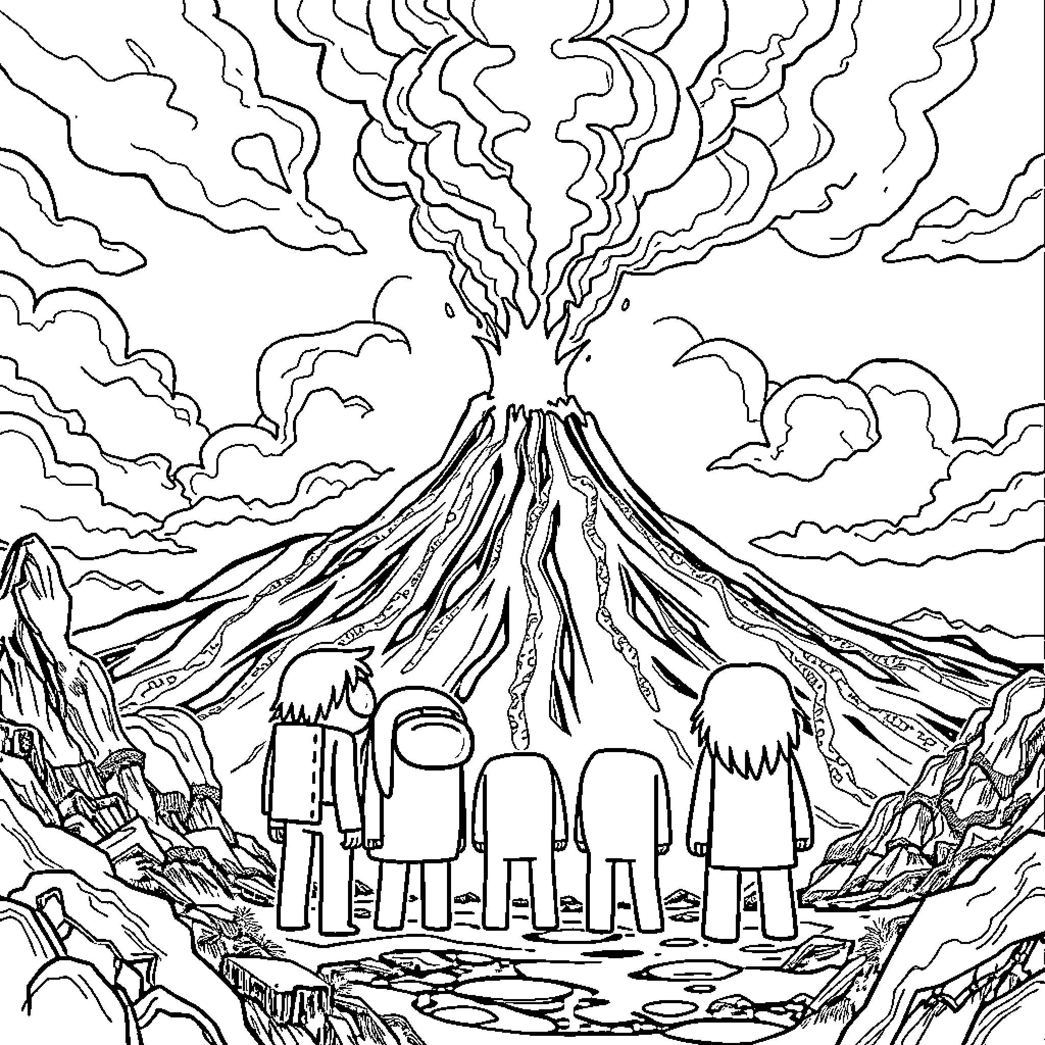 Among Us Characters Observing Volcanic Eruption Coloring Page (free black-and-white line drawing printable PDF for all, from beginners to advanced learners, including children, teens, adults, and seniors)