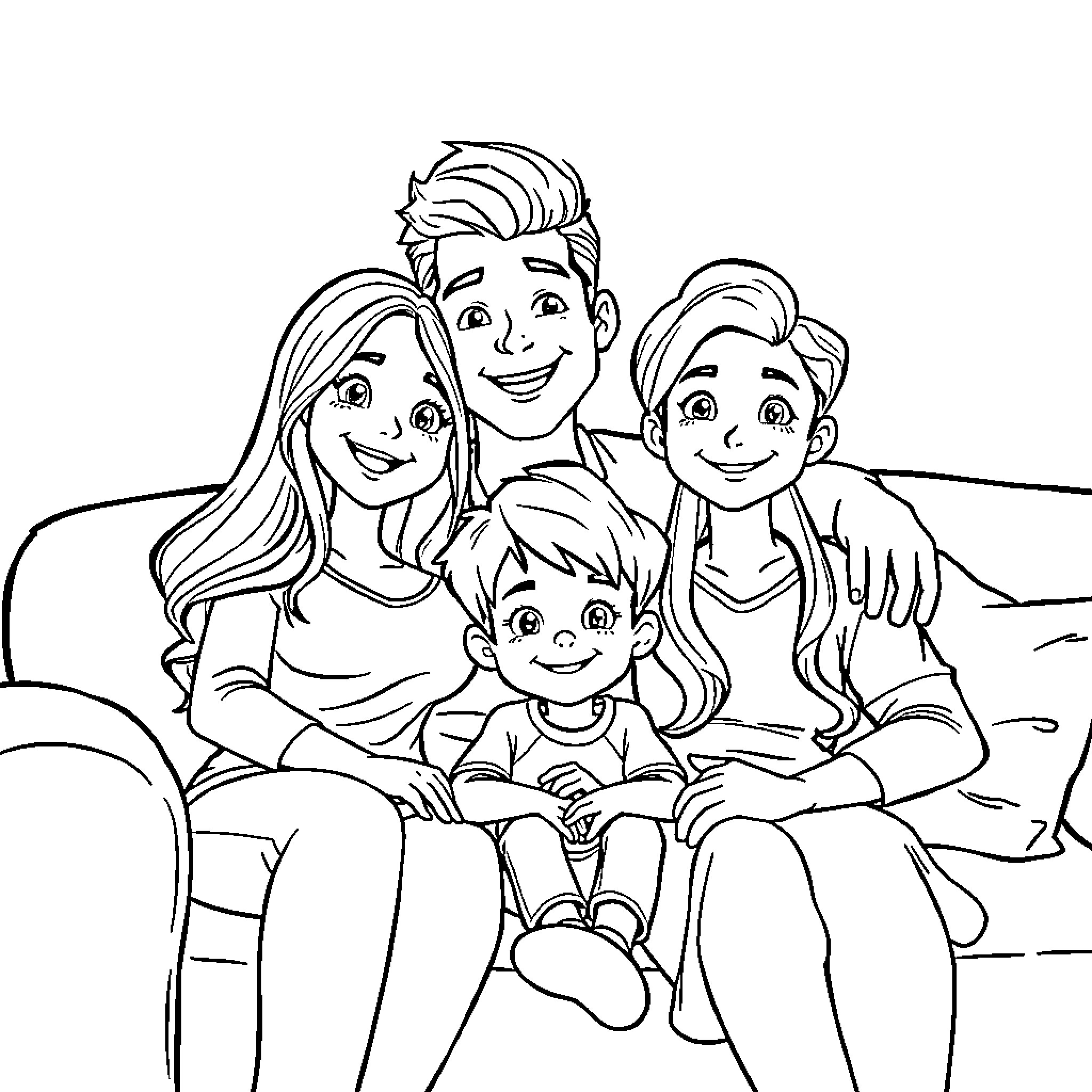 Family of four enjoying time together Coloring Page (free black-and-white line drawing printable PDF for all, from beginners to advanced learners, including children, teens, adults, and seniors)