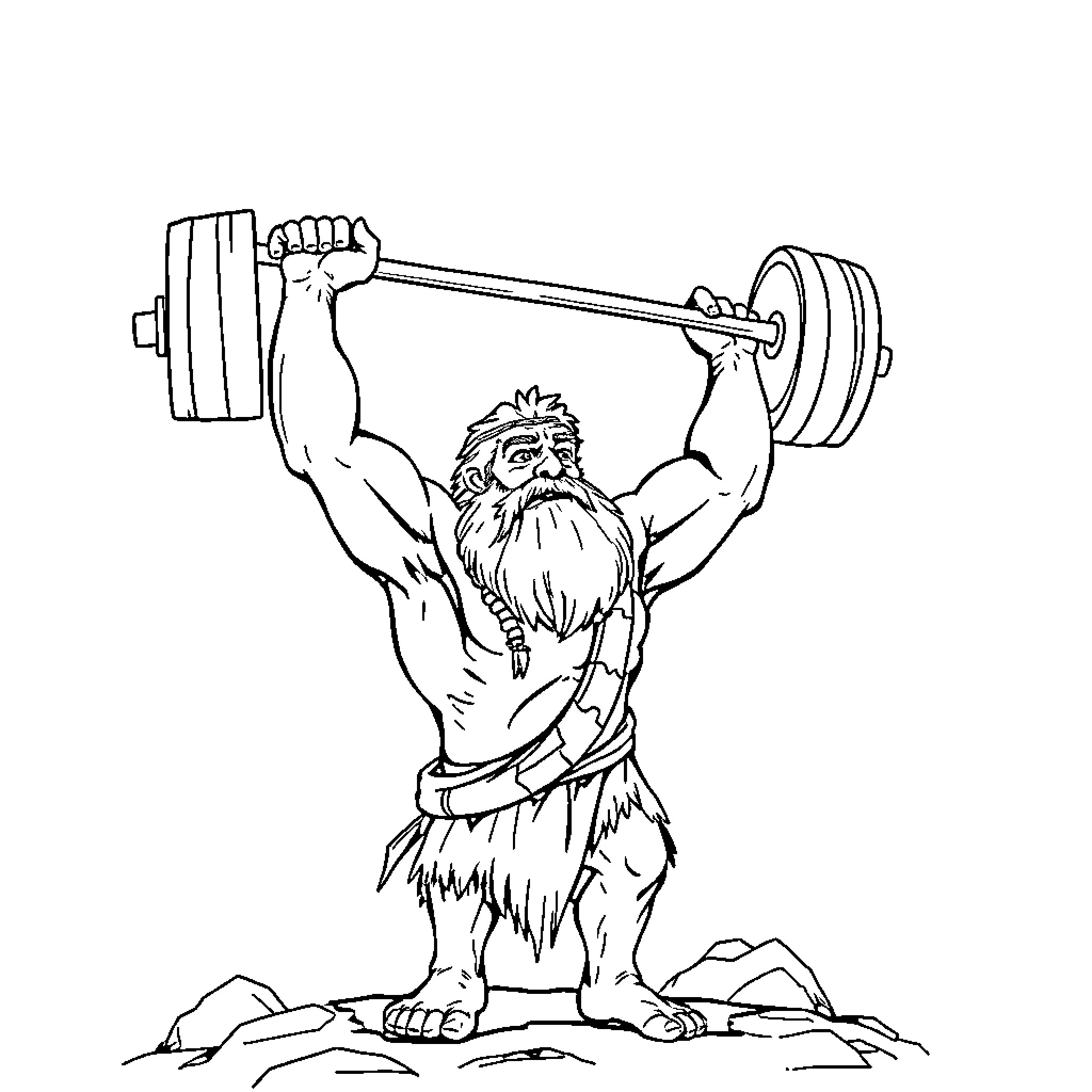 Caveman lifting heavy barbell with determination Coloring Page (free black-and-white line drawing printable PDF for all, from beginners to advanced learners, including children, teens, adults, and seniors)