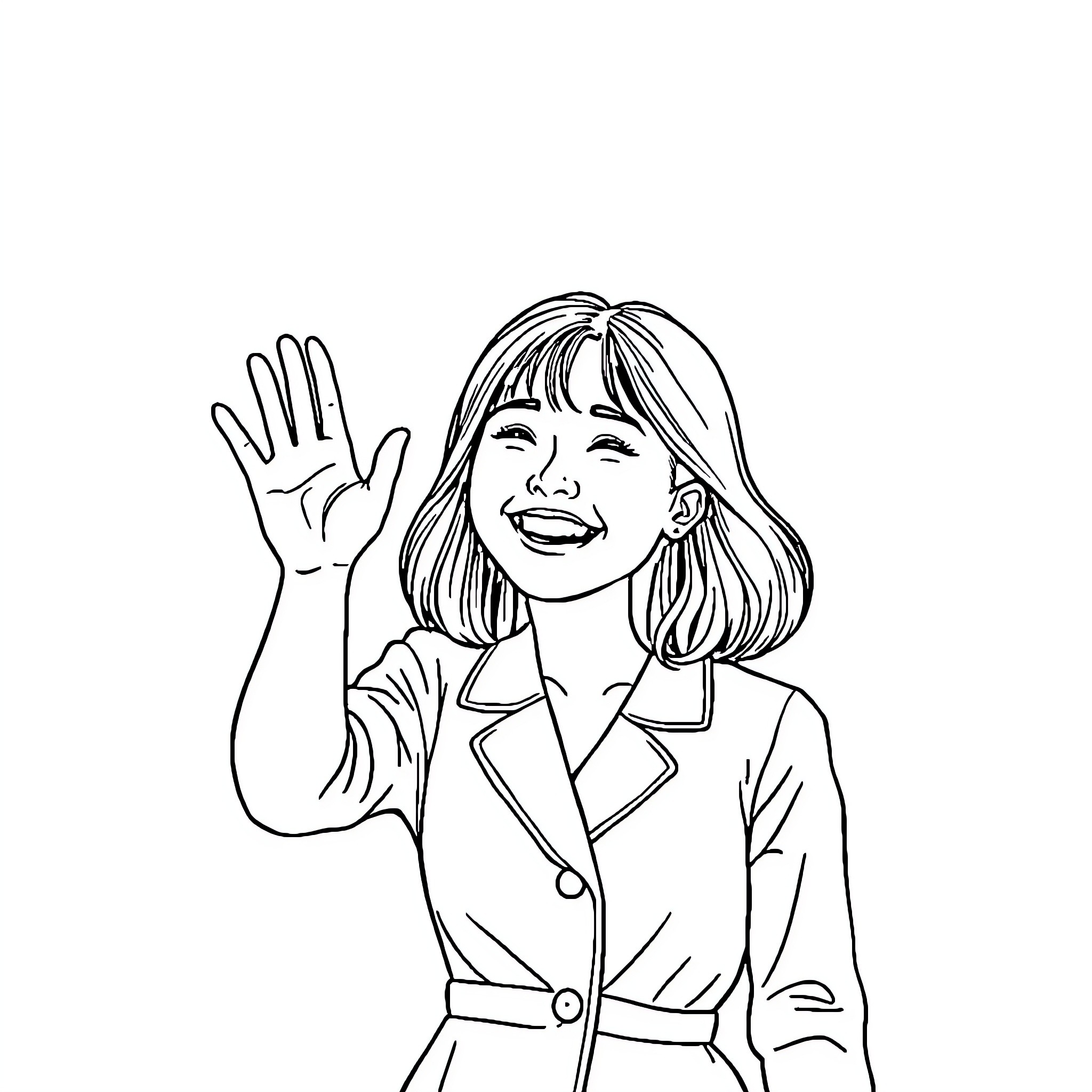 Jung So-min Waving Happily in Business Attire Coloring Page (free black-and-white line drawing printable PDF for all, from beginners to advanced learners, including children, teens, adults, and seniors)