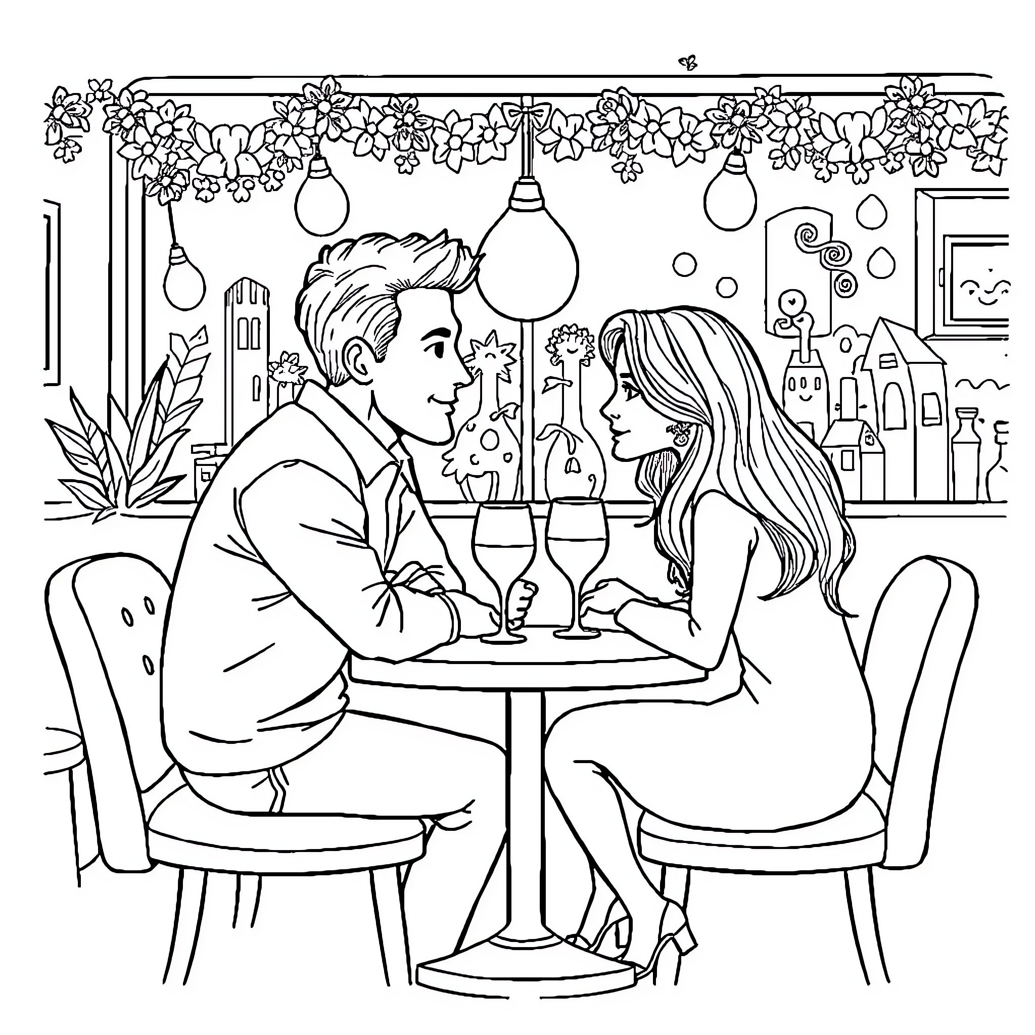 Couple enjoying drinks in a cozy restaurant Coloring Page (free black-and-white line drawing printable PDF for all, from beginners to advanced learners, including children, teens, adults, and seniors)