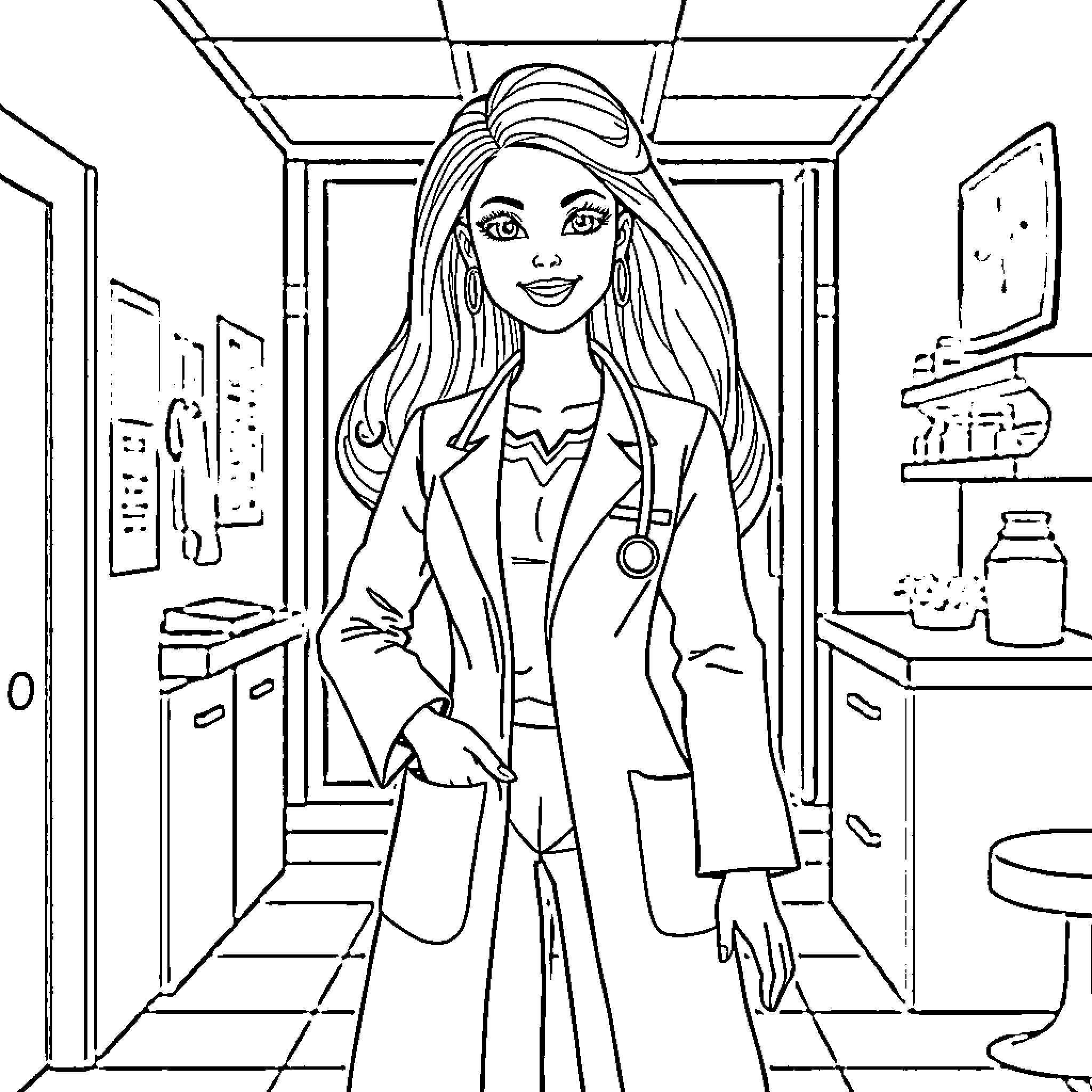 Barbie in a Professional Doctor's Uniform Coloring Page (free black-and-white line drawing printable PDF for all, from beginners to advanced learners, including children, teens, adults, and seniors)