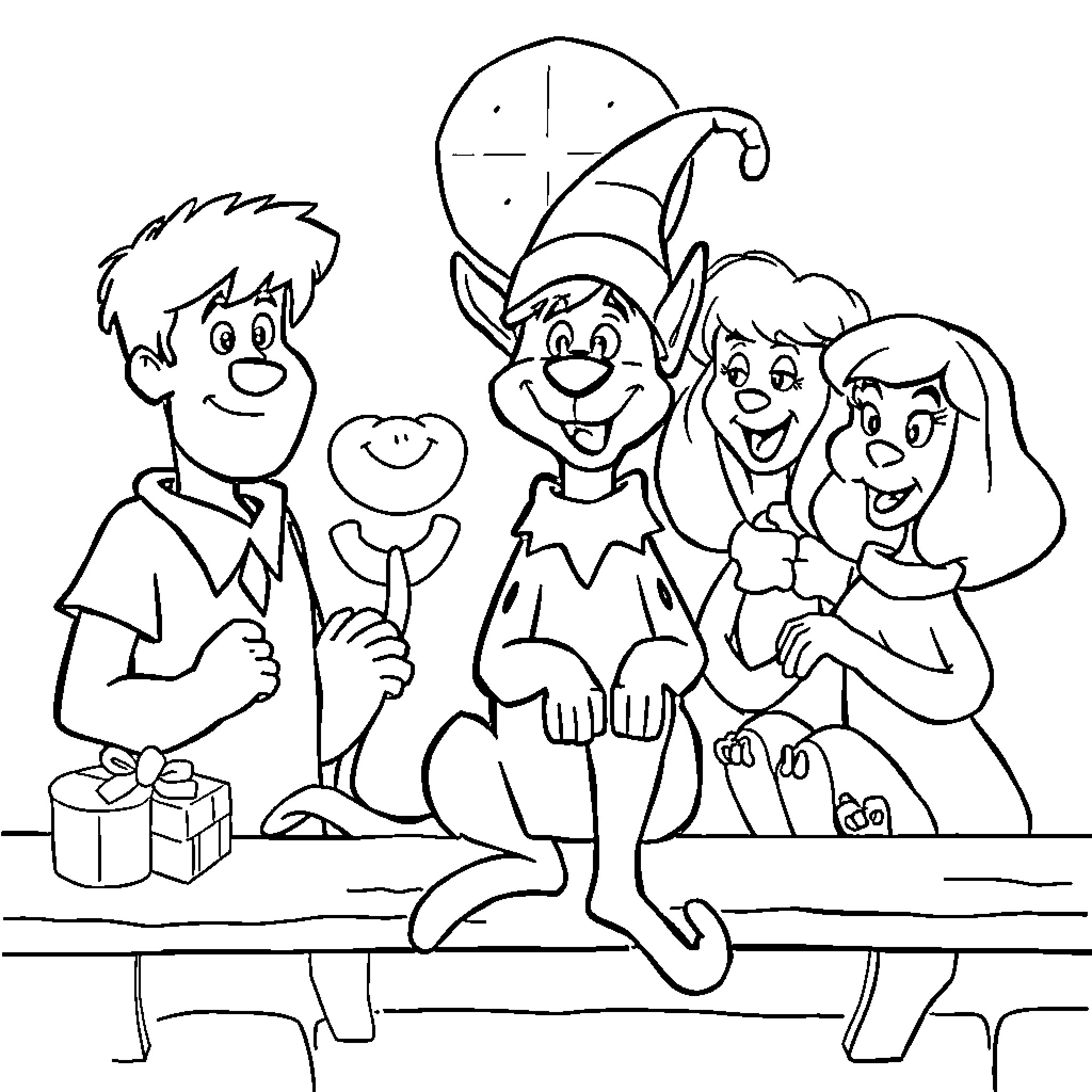 Scooby Doo and friends celebrate holiday party Coloring Page (free black-and-white line drawing printable PDF for all, from beginners to advanced learners, including children, teens, adults, and seniors)