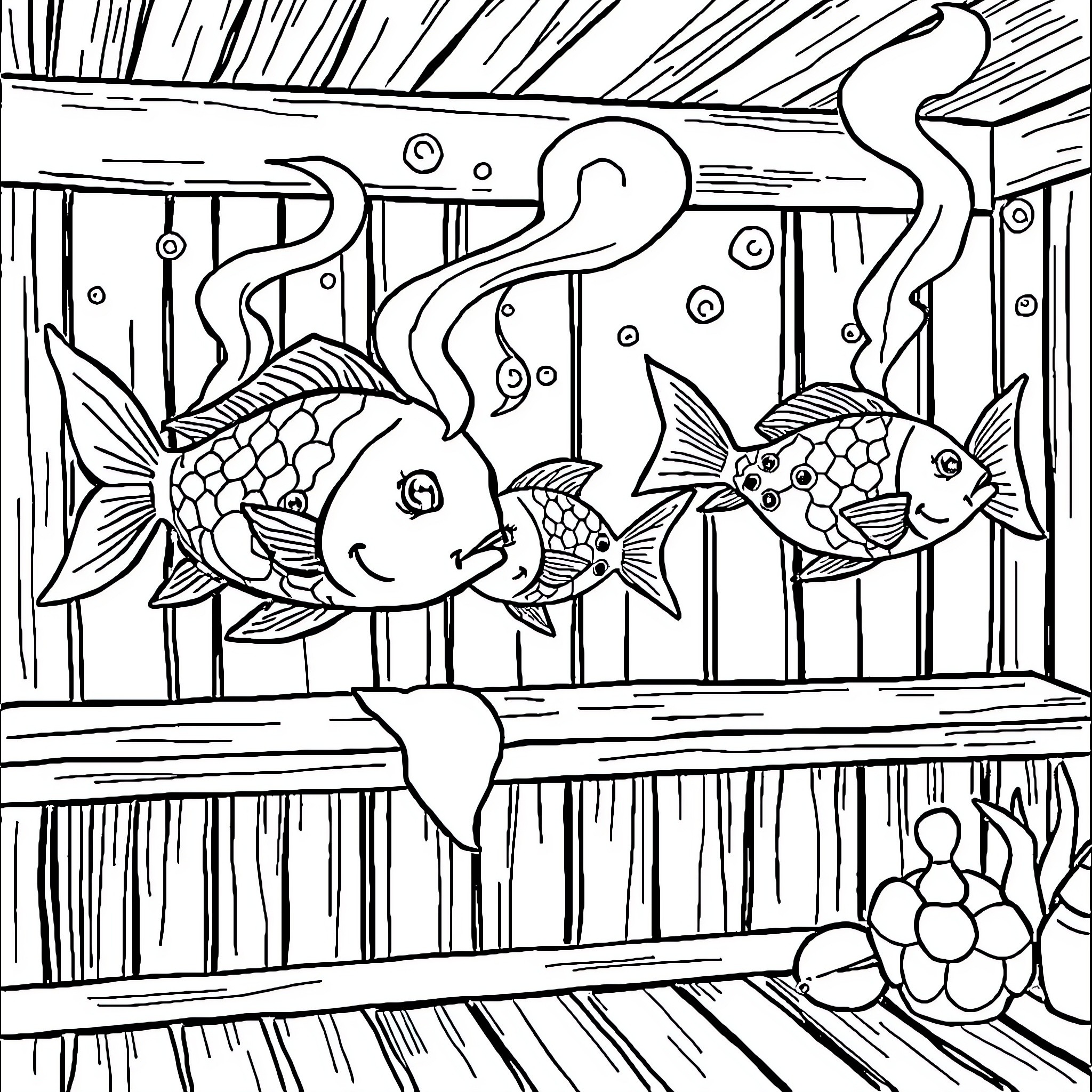 Fish swimming in aquarium with bubbles Coloring Page (free black-and-white line drawing printable PDF for all, from beginners to advanced learners, including children, teens, adults, and seniors)