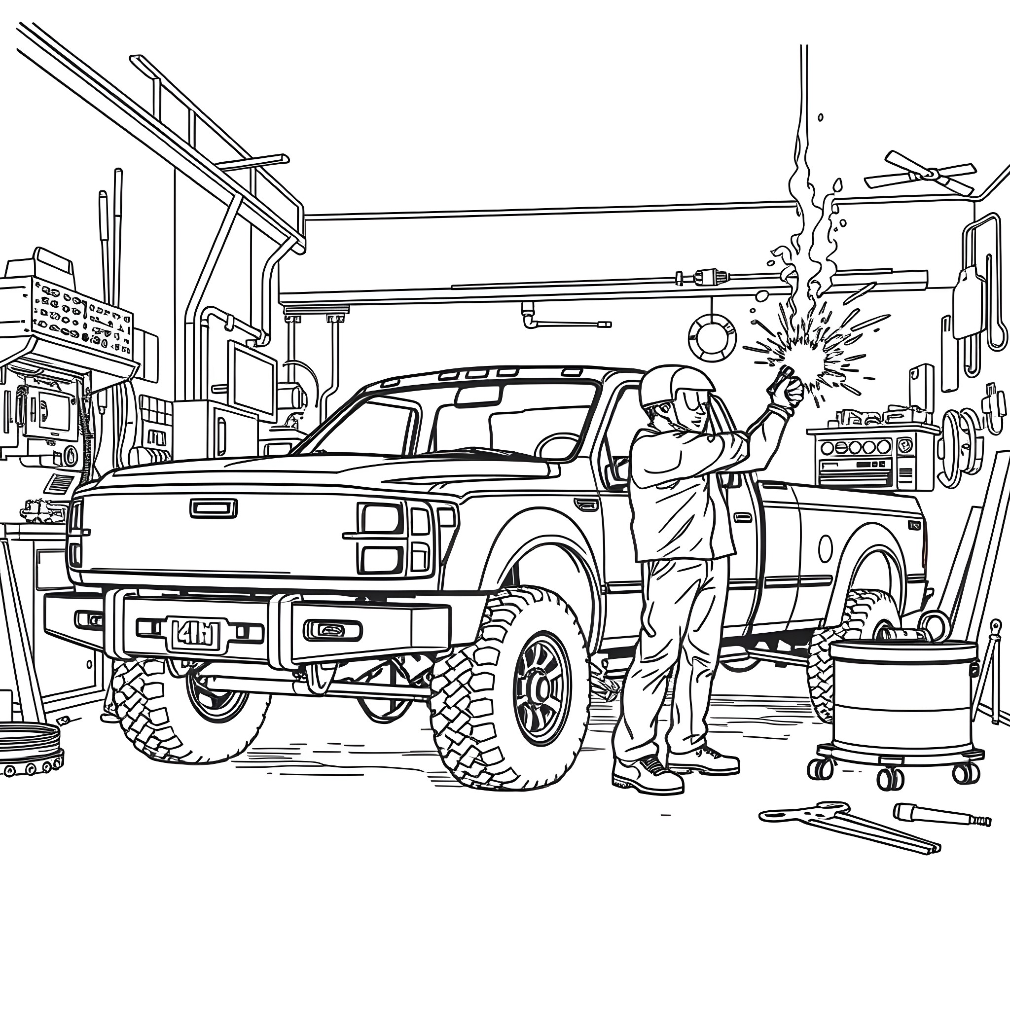 Pickup Truck Repairs in Auto Workshop Coloring Page (free black-and-white line drawing printable PDF for all, from beginners to advanced learners, including children, teens, adults, and seniors)