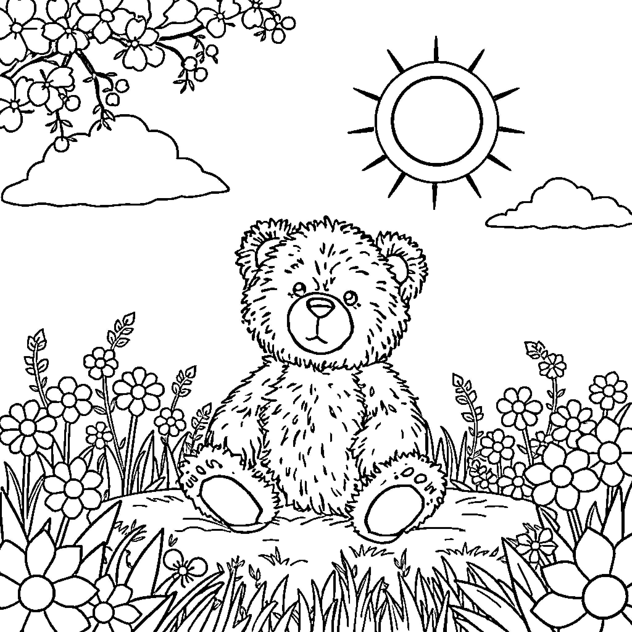 Teddy Bear enjoying a sunny day in the meadow Coloring Page (free black-and-white line drawing printable PDF for all, from beginners to advanced learners, including children, teens, adults, and seniors)