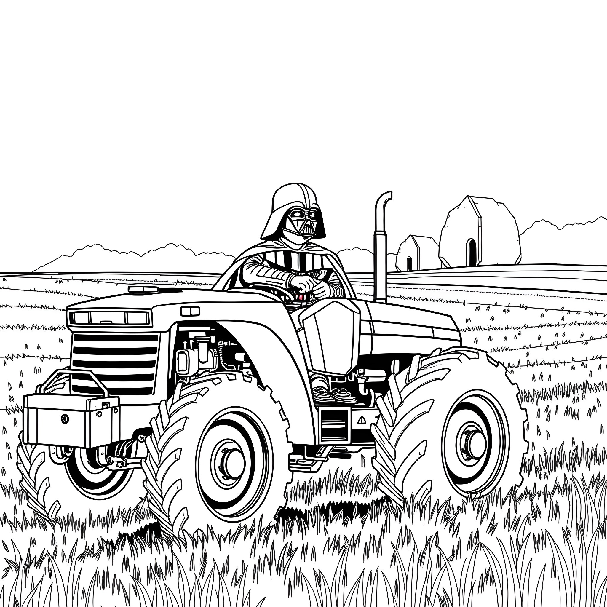 Darth Vader operating a tractor in a rural landscape Coloring Page (free black-and-white line drawing printable PDF for all, from beginners to advanced learners, including children, teens, adults, and seniors)