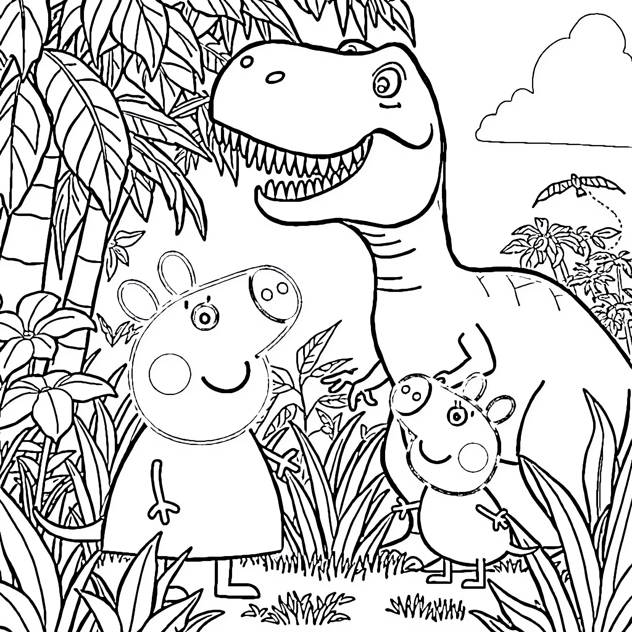 Peppa Pig and Friends Enjoying the Outdoors Coloring Page (free black-and-white line drawing printable PDF for all, from beginners to advanced learners, including children, teens, adults, and seniors)