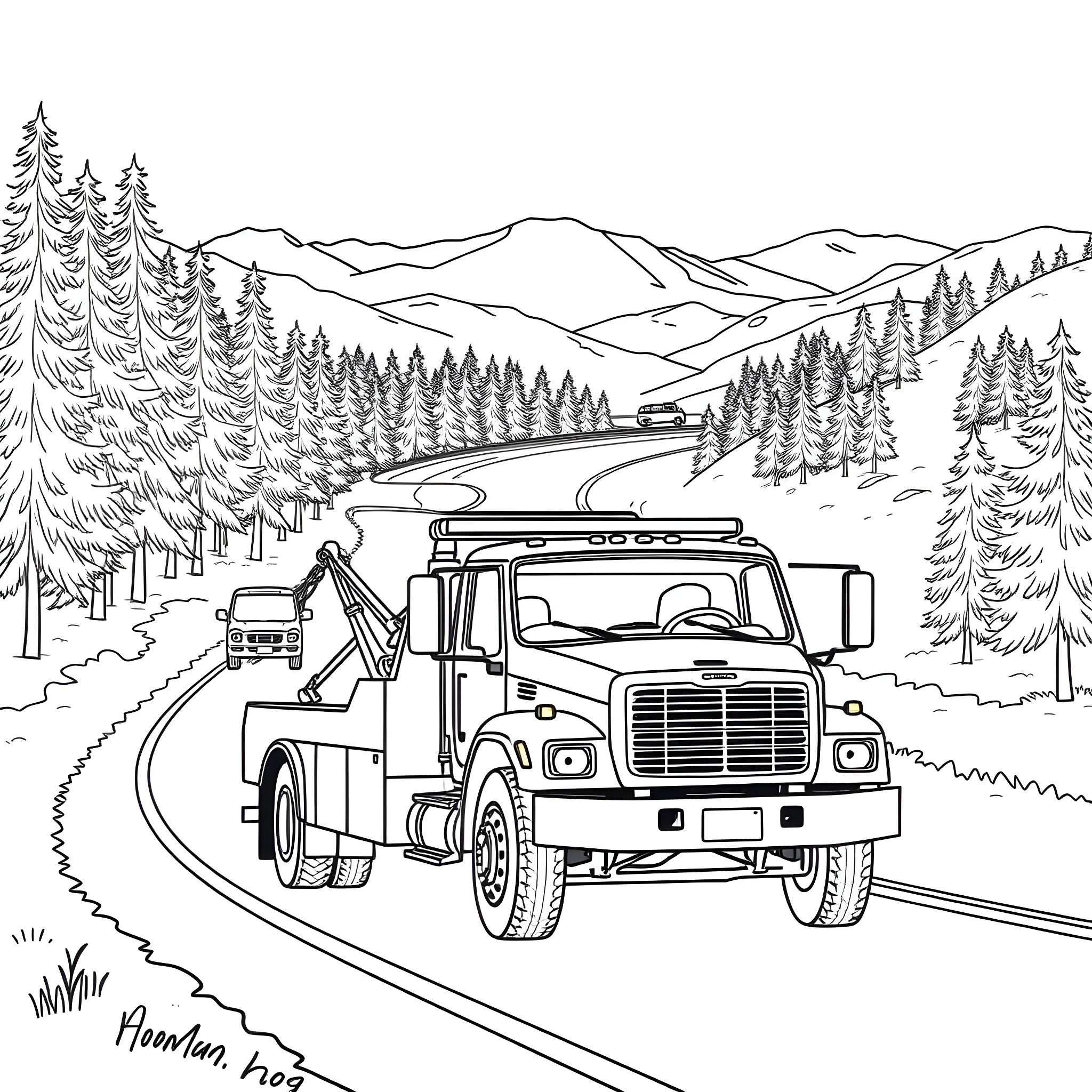 Tow Truck Assisting Stranded Vehicle on Mountain Road Coloring Page (free black-and-white line drawing printable PDF for all, from beginners to advanced learners, including children, teens, adults, and seniors)