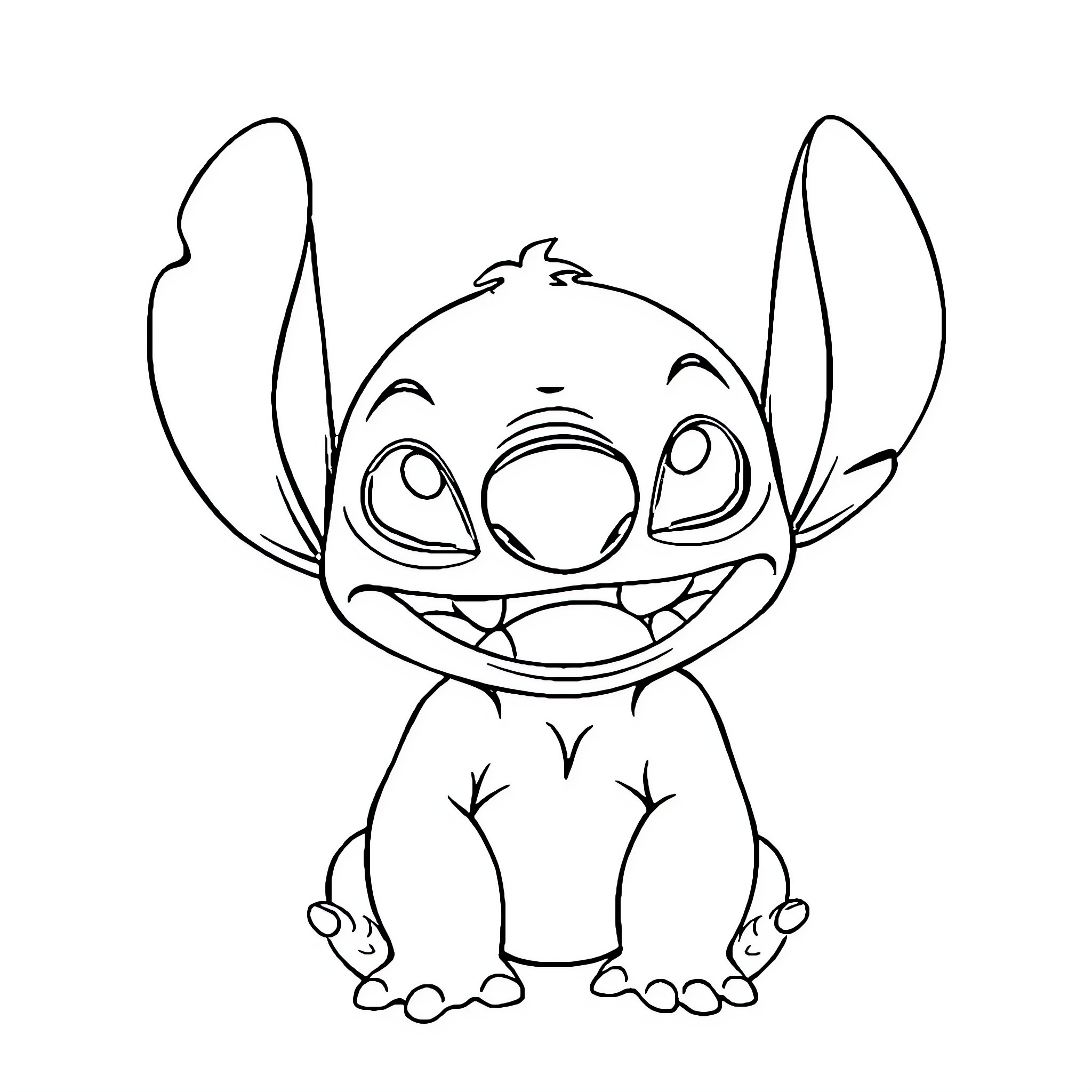 Stitch smiling and sitting cheerfully Coloring Page (free black-and-white line drawing printable PDF for all, from beginners to advanced learners, including children, teens, adults, and seniors)