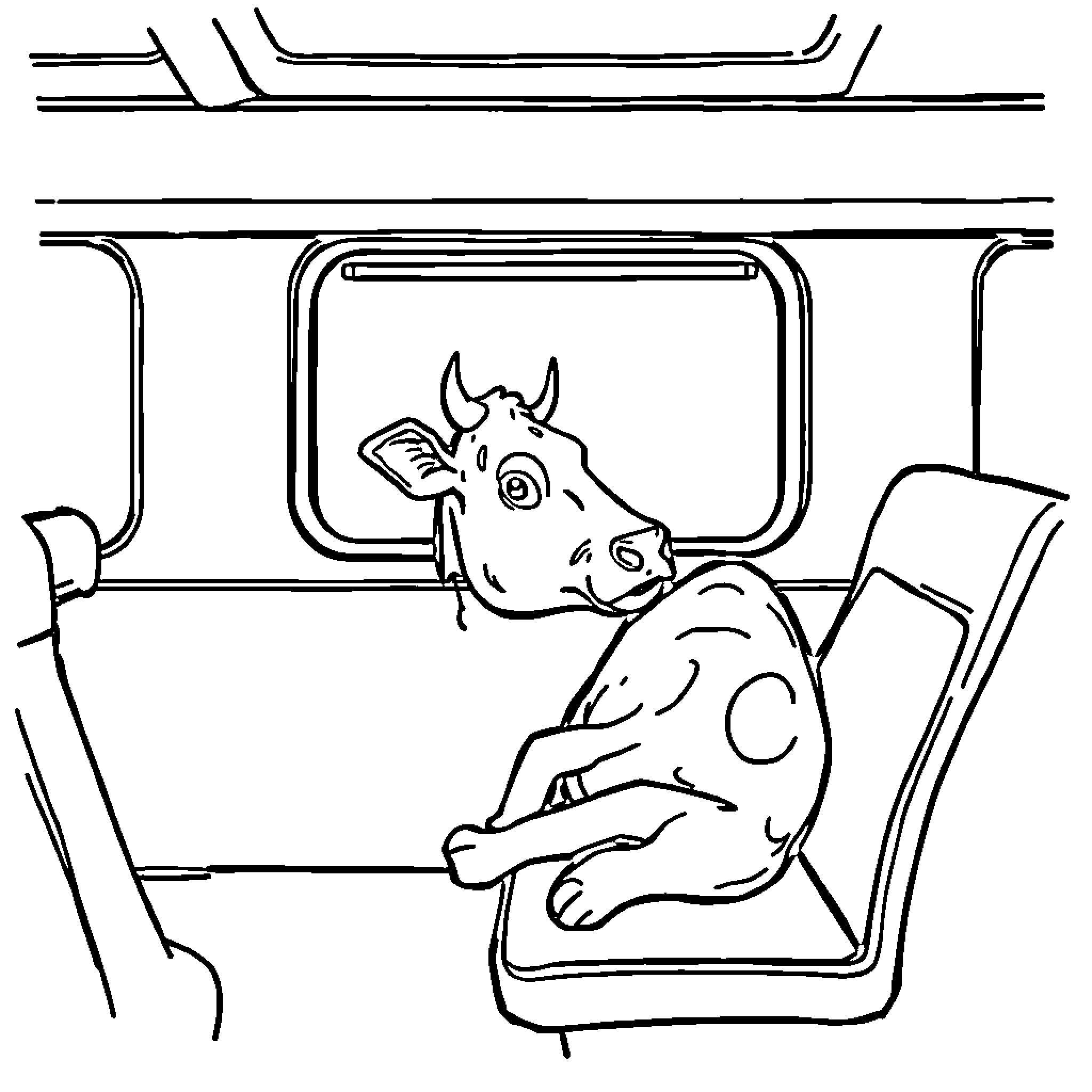 Cow enjoying a ride on the bus Coloring Page (free black-and-white line drawing printable PDF for all, from beginners to advanced learners, including children, teens, adults, and seniors)