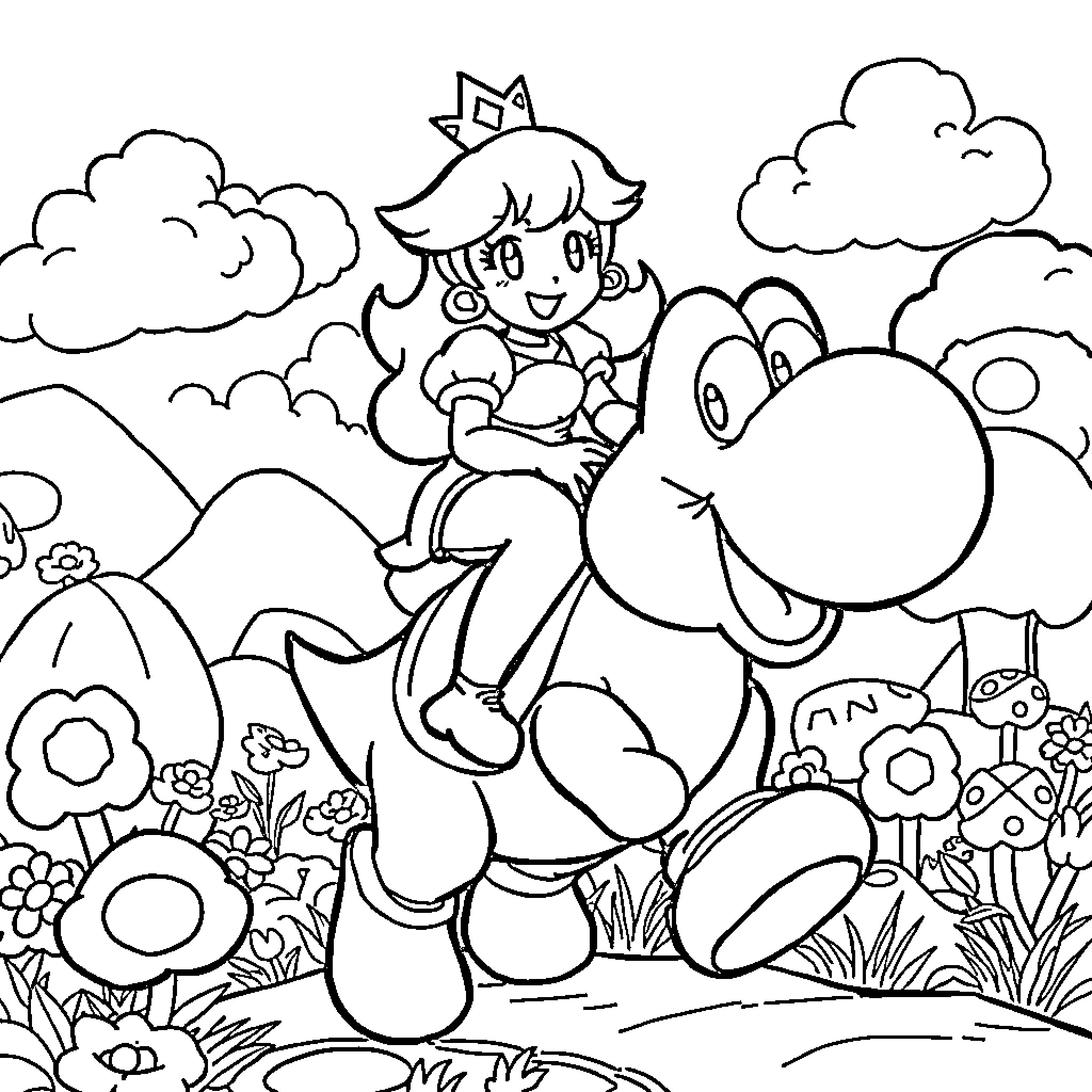 Princess Riding Friendly Dinosaur Through Magical Landscape Coloring Page (free black-and-white line drawing printable PDF for all, from beginners to advanced learners, including children, teens, adults, and seniors)